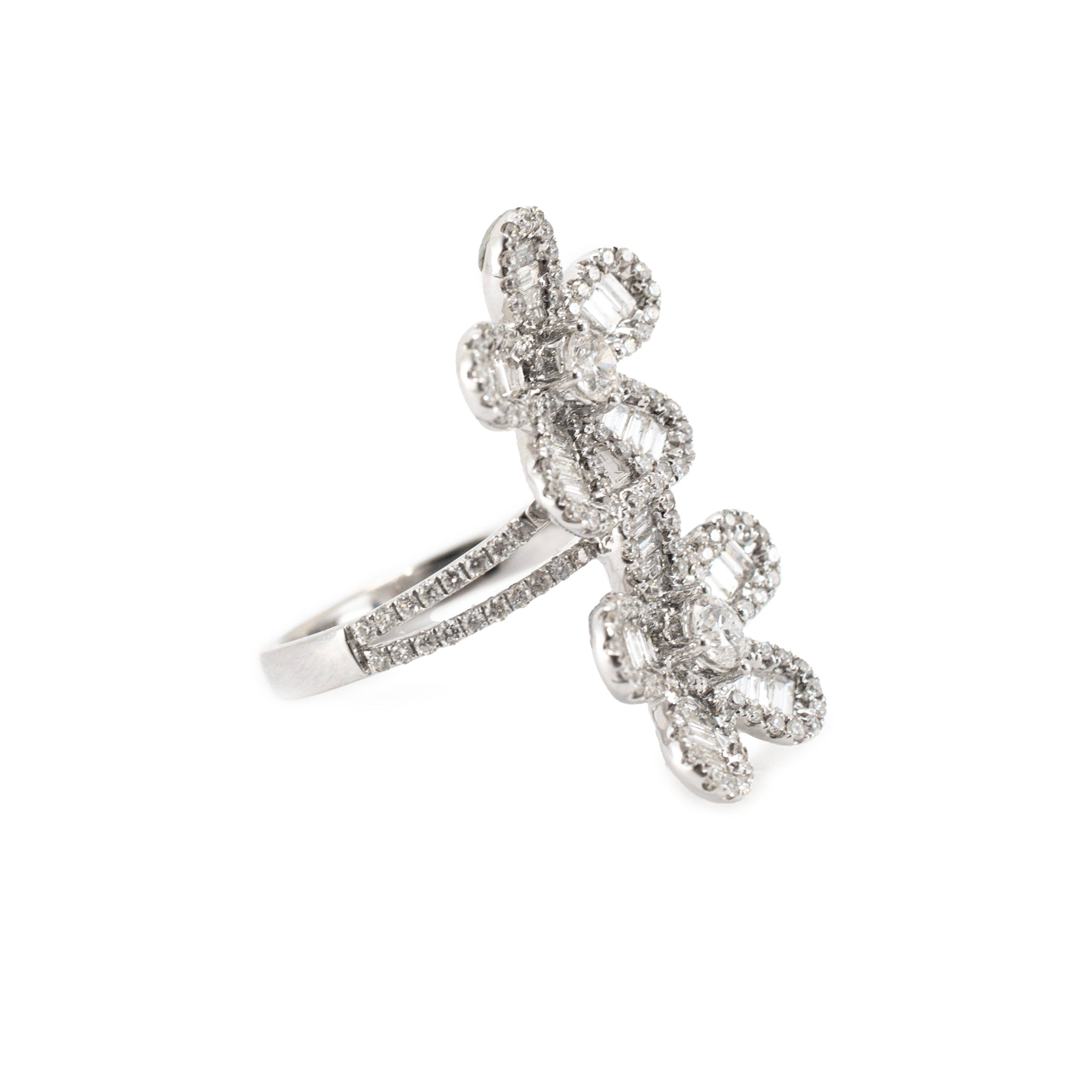 Ladies 18K White Gold 1.67ct Double Flower Baguettes Rounds Floral Cocktail Ring