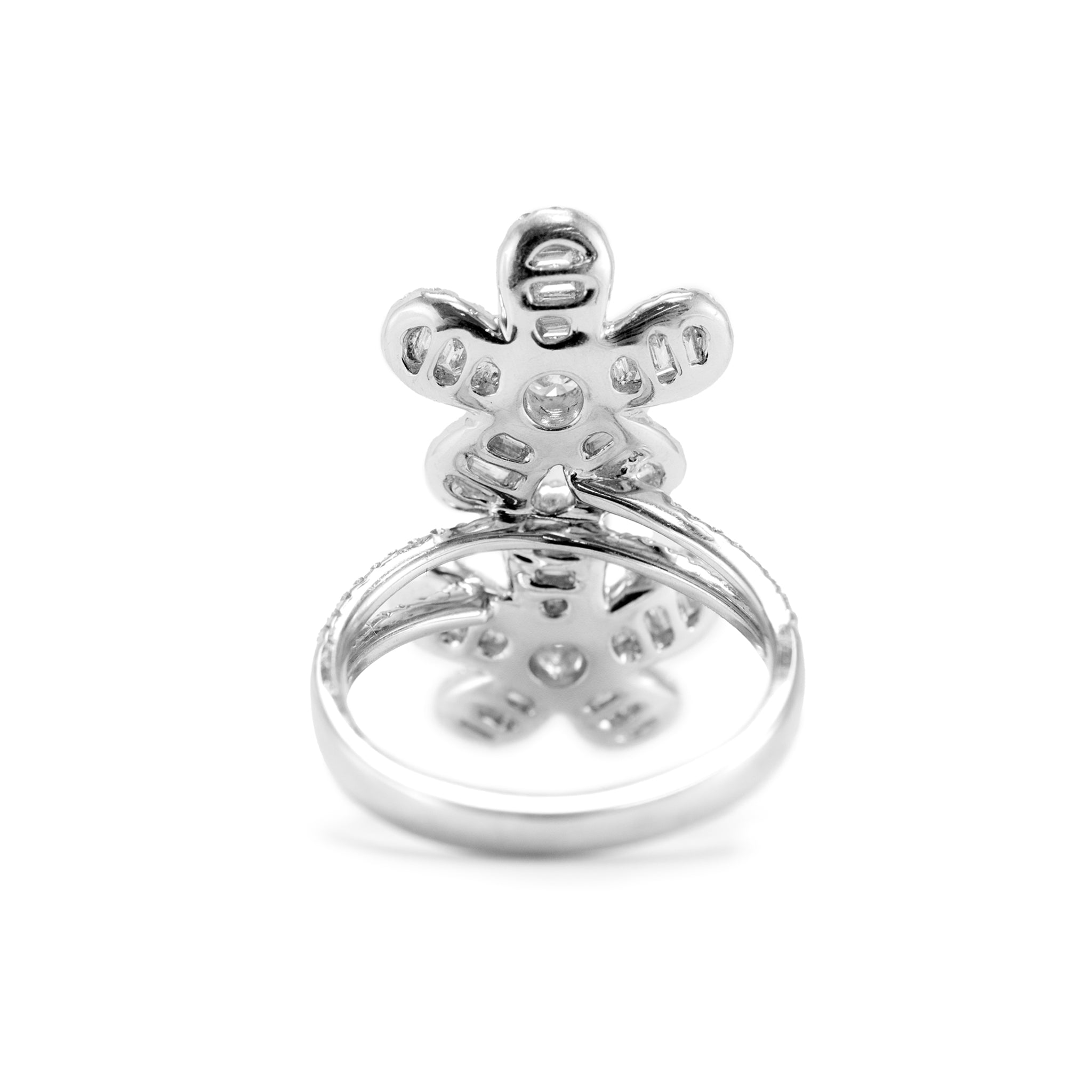 Ladies 18K White Gold 1.67ct Double Flower Baguettes Rounds Floral Cocktail Ring