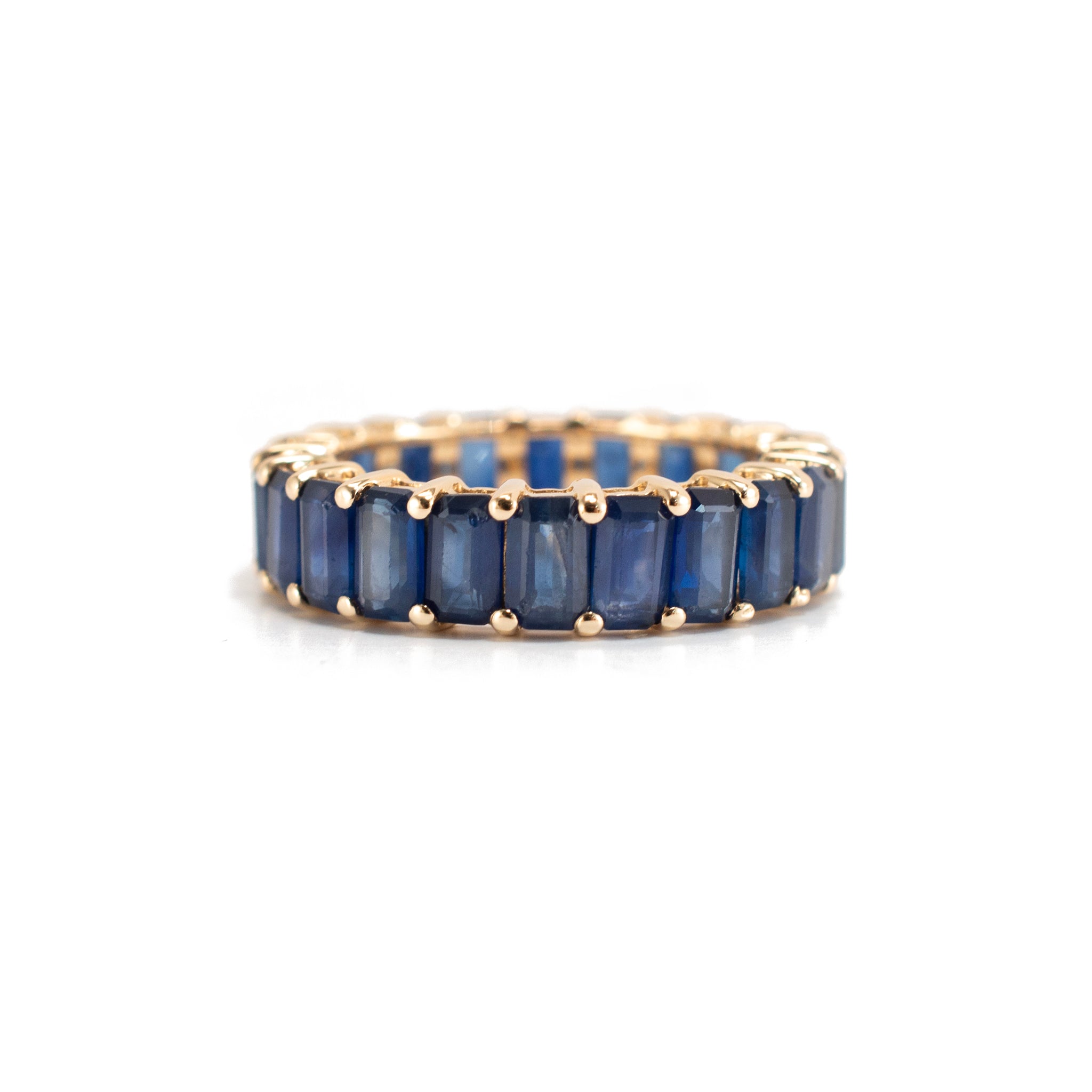 Lady 14K Yellow Gold 9.34ct Emerald Cut Blue Sapphire Full Eternity Band Ring