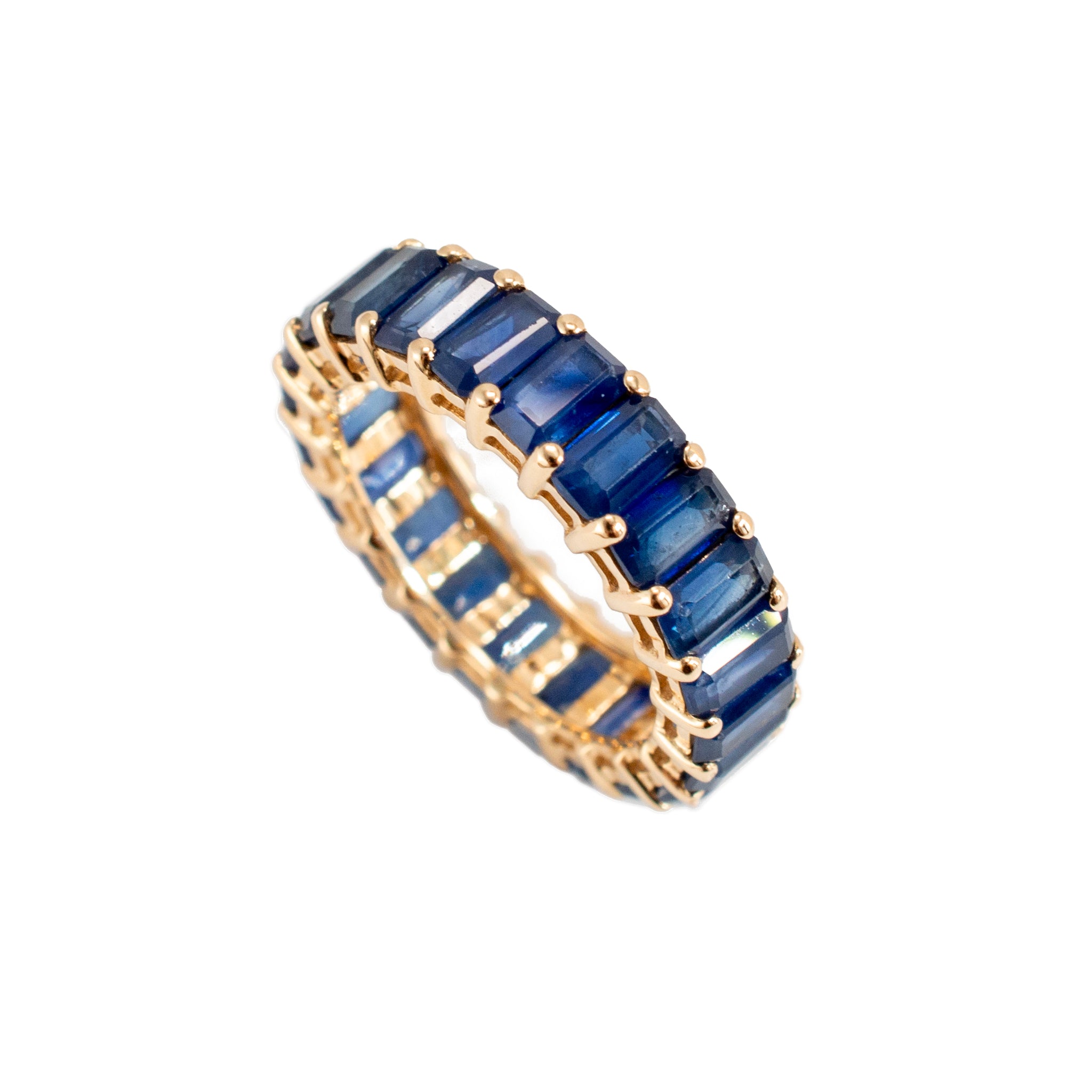 Lady 14K Yellow Gold 9.34ct Emerald Cut Blue Sapphire Full Eternity Band Ring