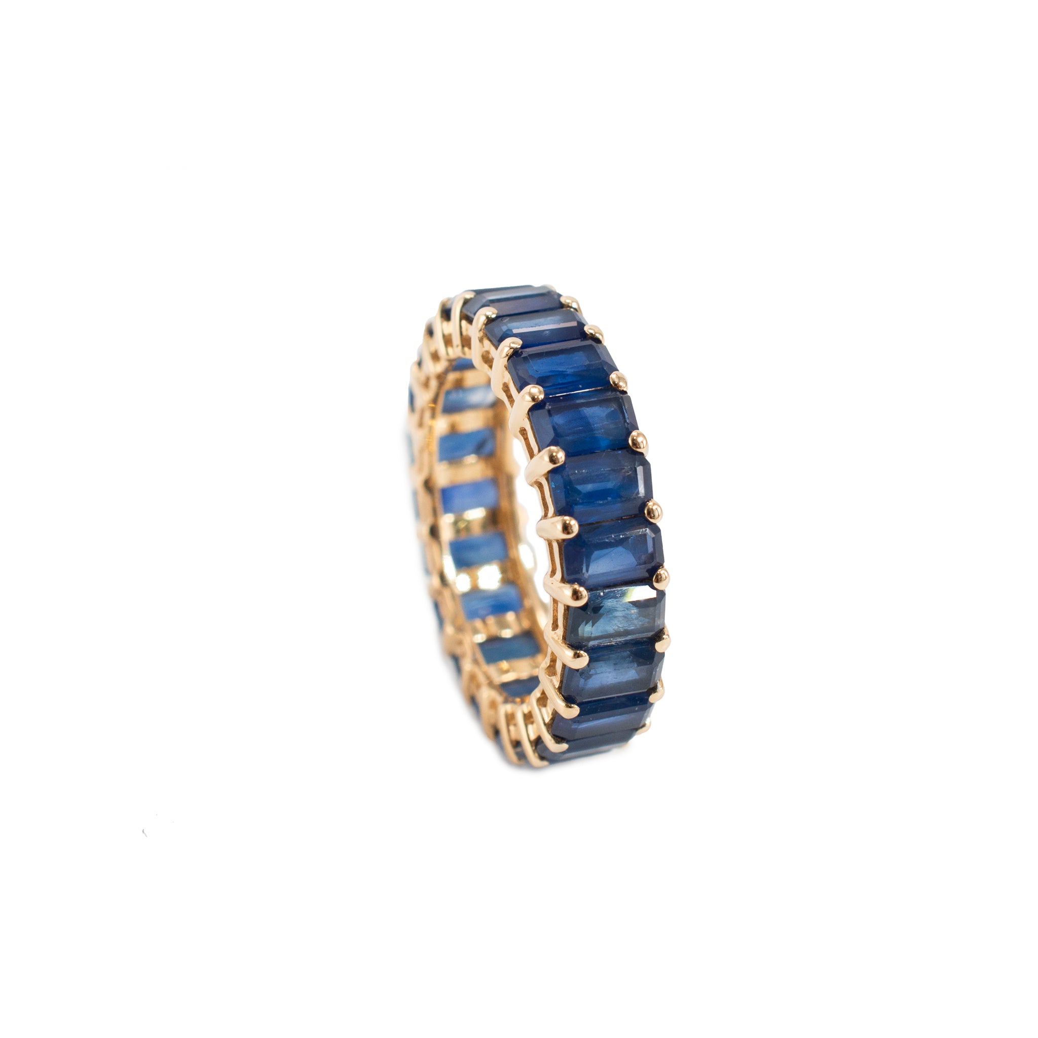Lady 14K Yellow Gold 9.34ct Emerald Cut Blue Sapphire Full Eternity Band Ring