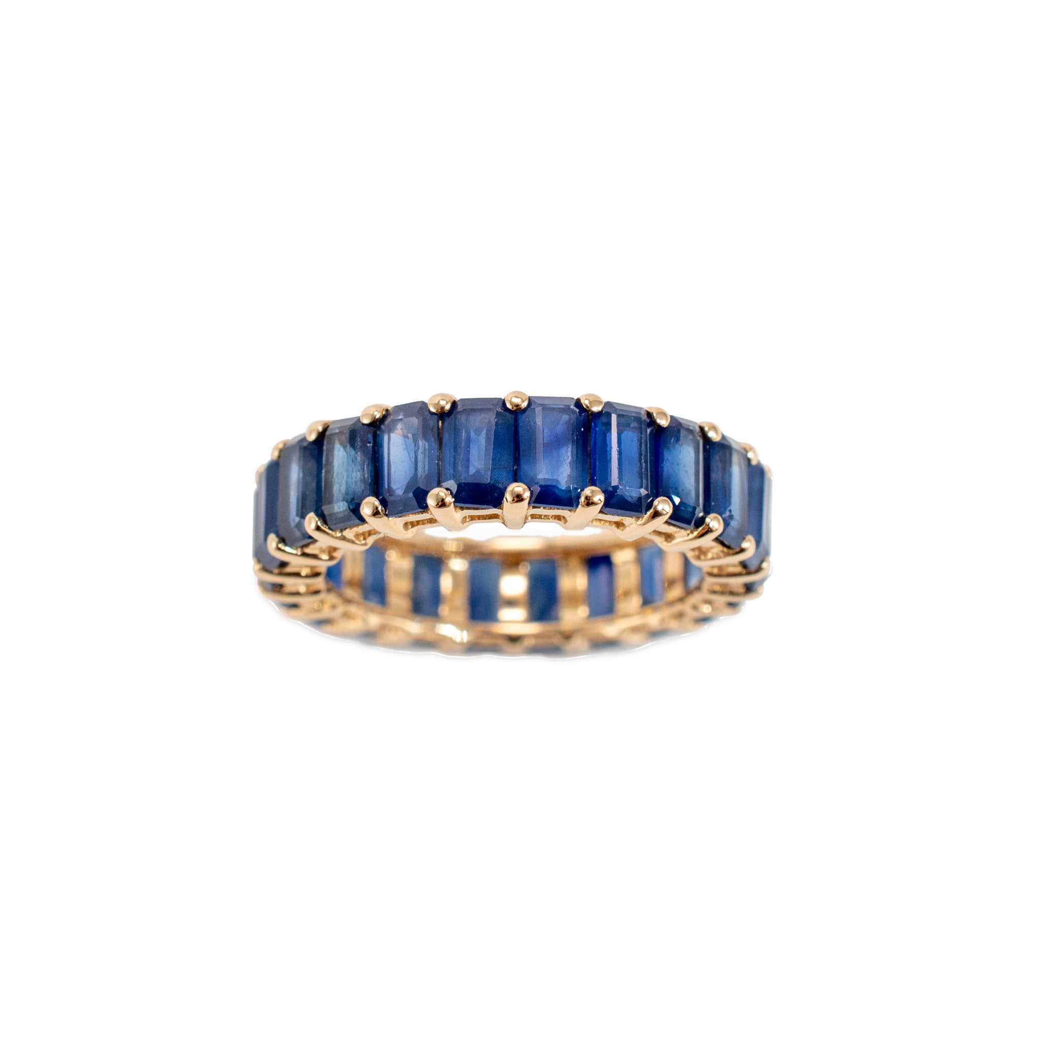 Lady 14K Yellow Gold 9.34ct Emerald Cut Blue Sapphire Full Eternity Band Ring