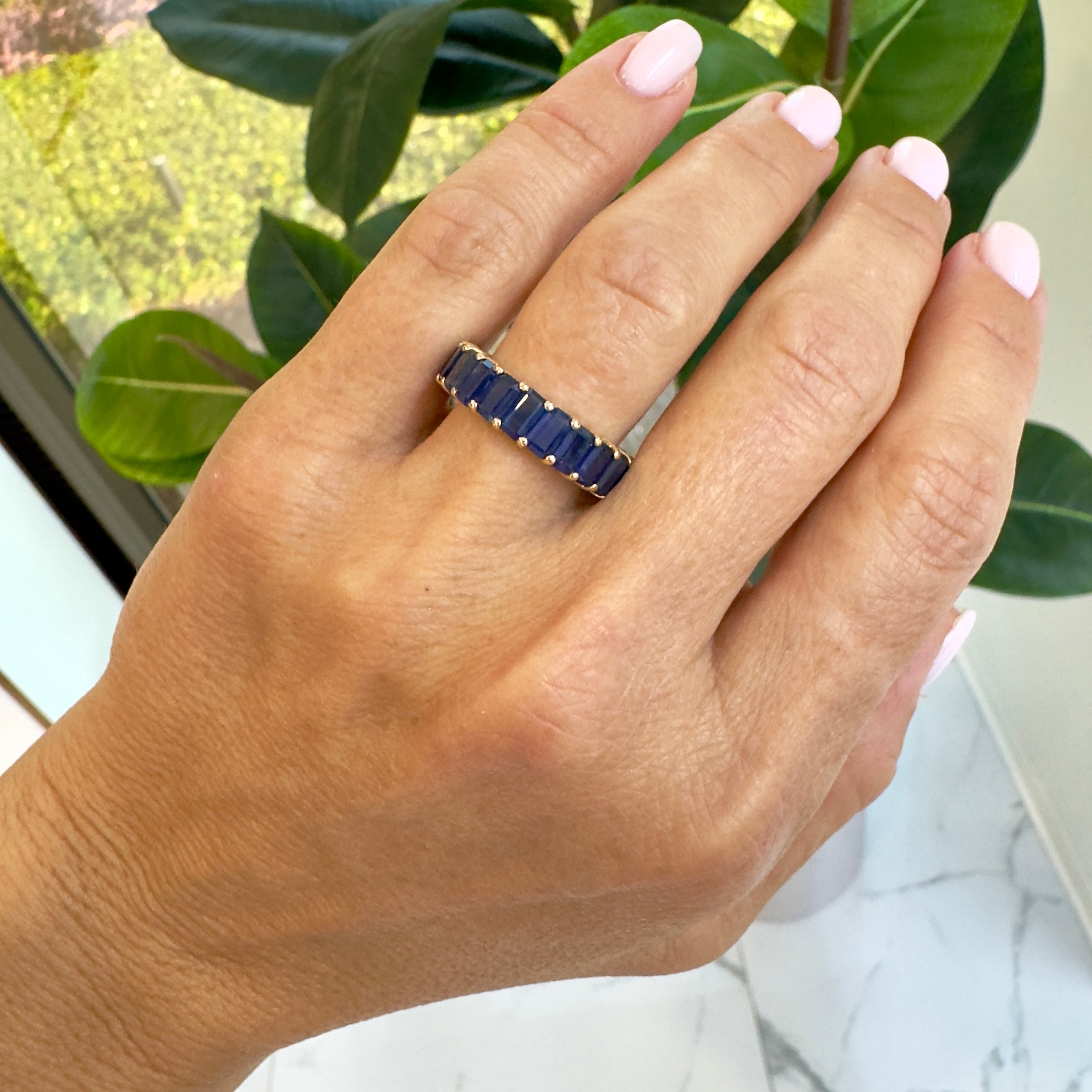 Lady 14K Yellow Gold 9.34ct Emerald Cut Blue Sapphire Full Eternity Band Ring