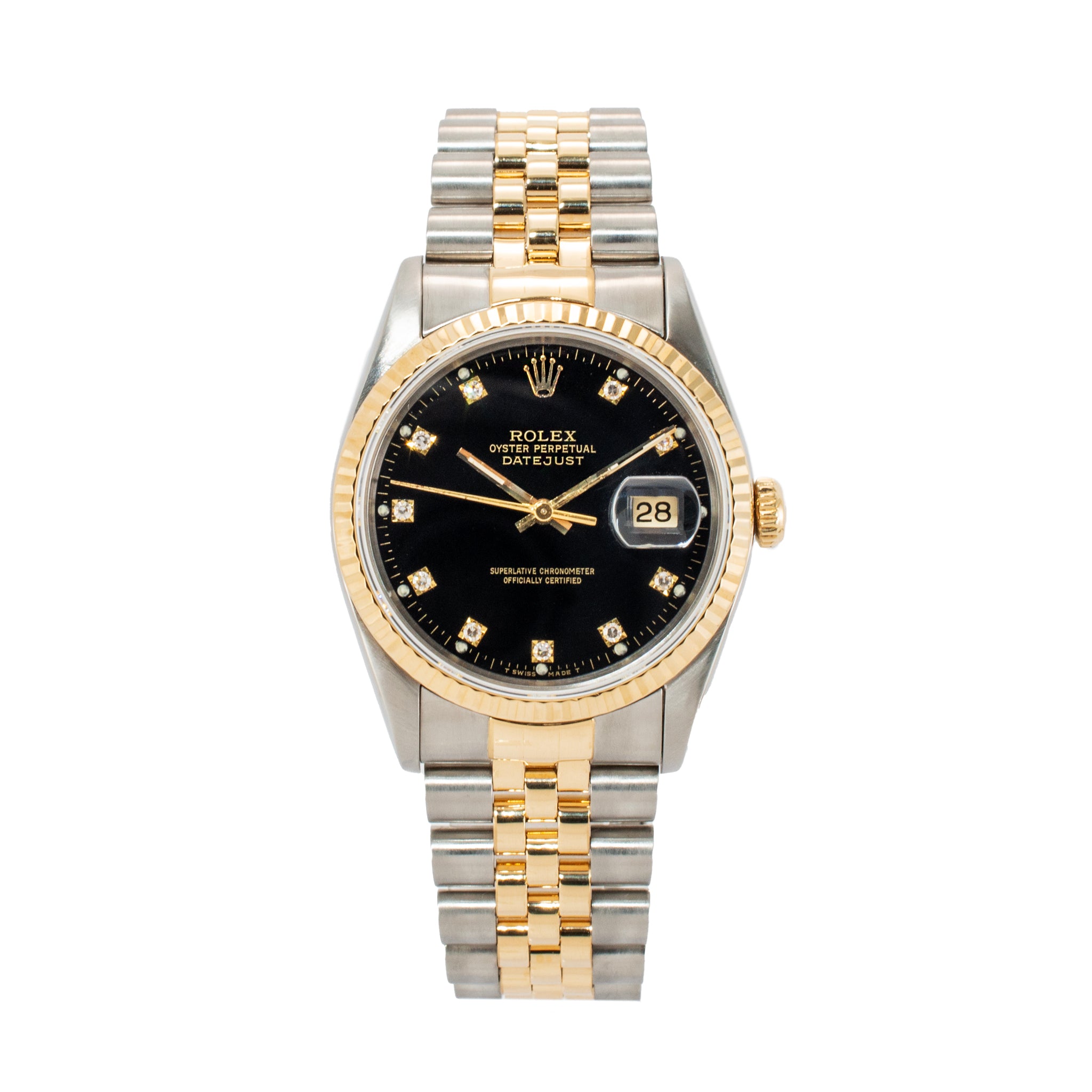 1993 Rolex Datejust 36MM 16233 Black Jubilee Two Tone Yellow Gold Steel Watch