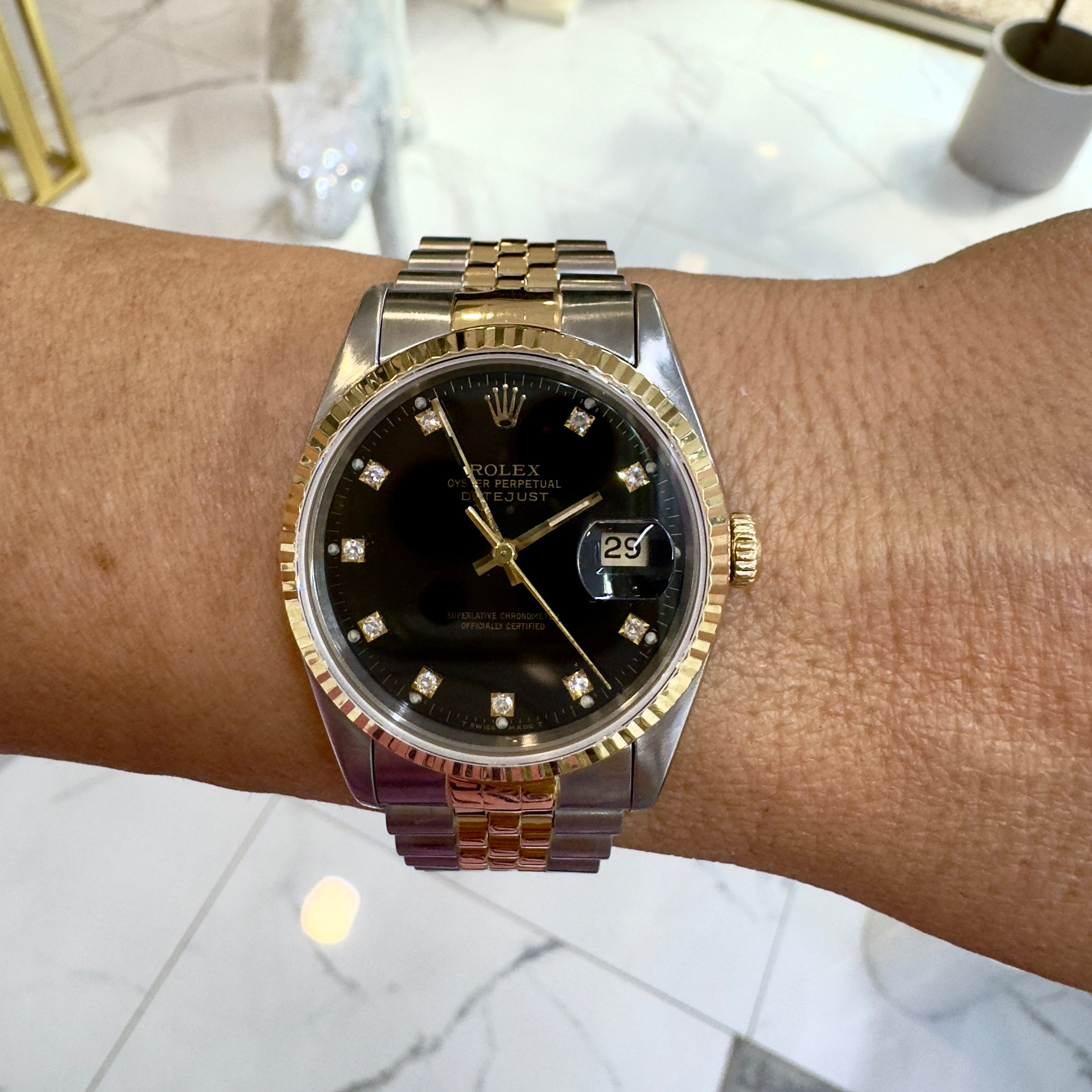 1993 Rolex Datejust 36MM 16233 Black Jubilee Two Tone Yellow Gold Steel Watch