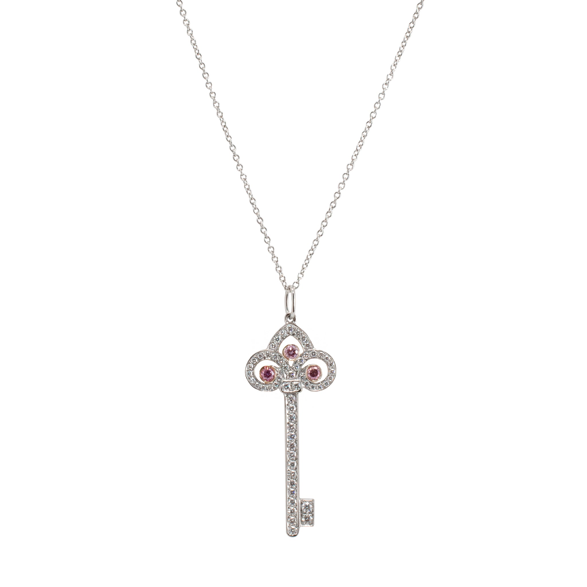 Tiffany & Co. Fleur De Lis Platinum 18K Gold Diamond Key Pendant Necklace