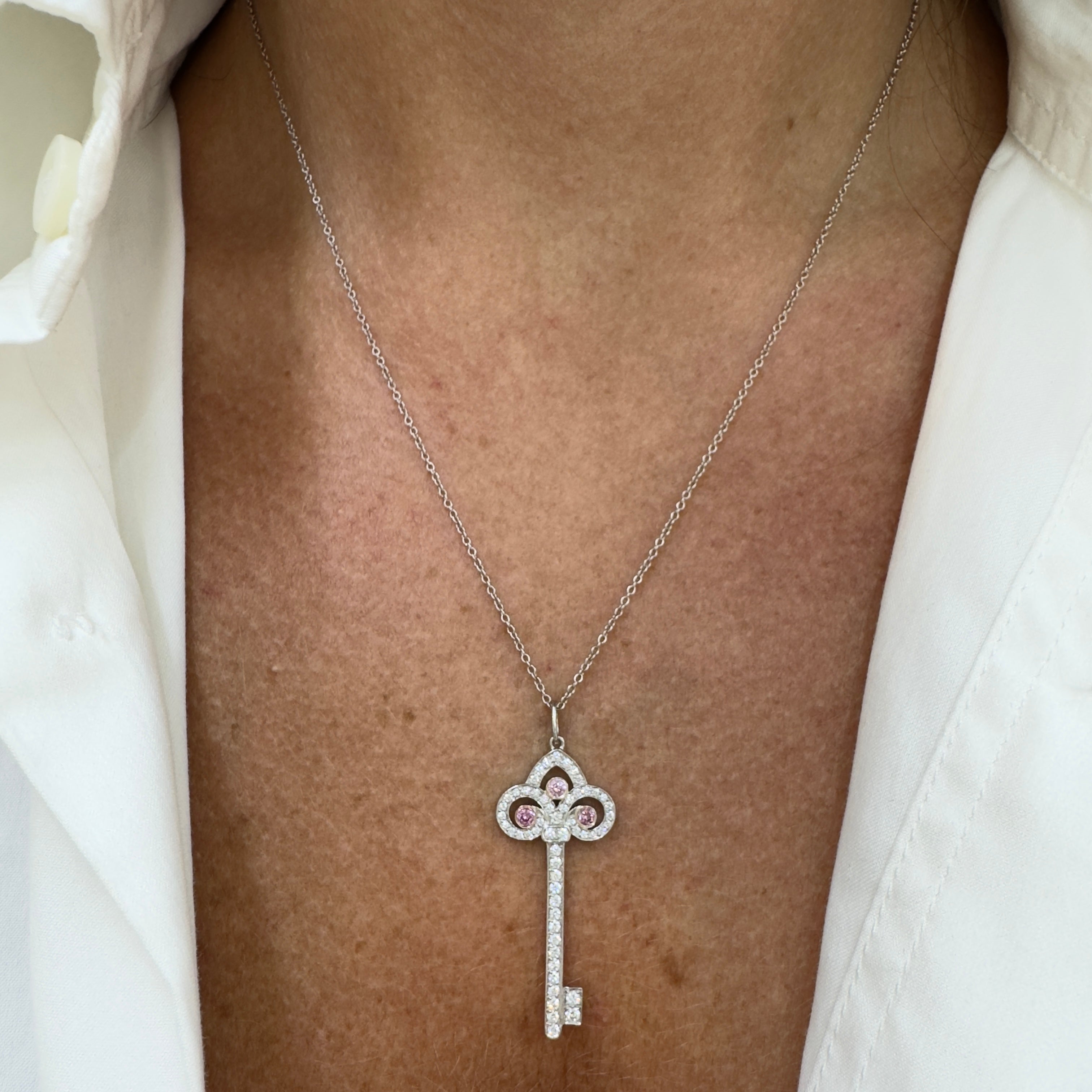 Tiffany & Co. Fleur De Lis Platinum 18K Gold Diamond Key Pendant Necklace
