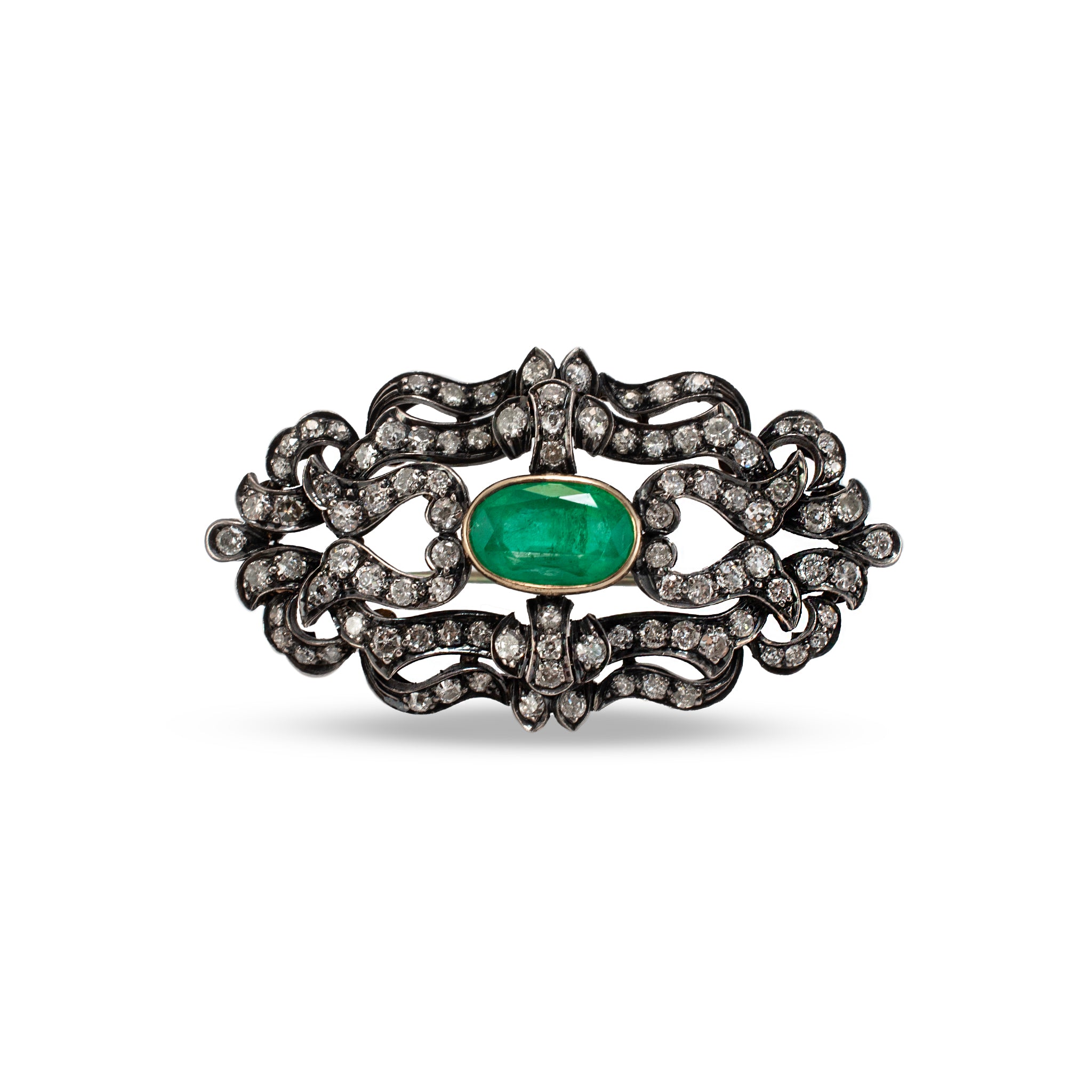 Antique Victorian Silver Top 18K Yellow Gold F1 GIA Russian Emerald Diamond PIN
