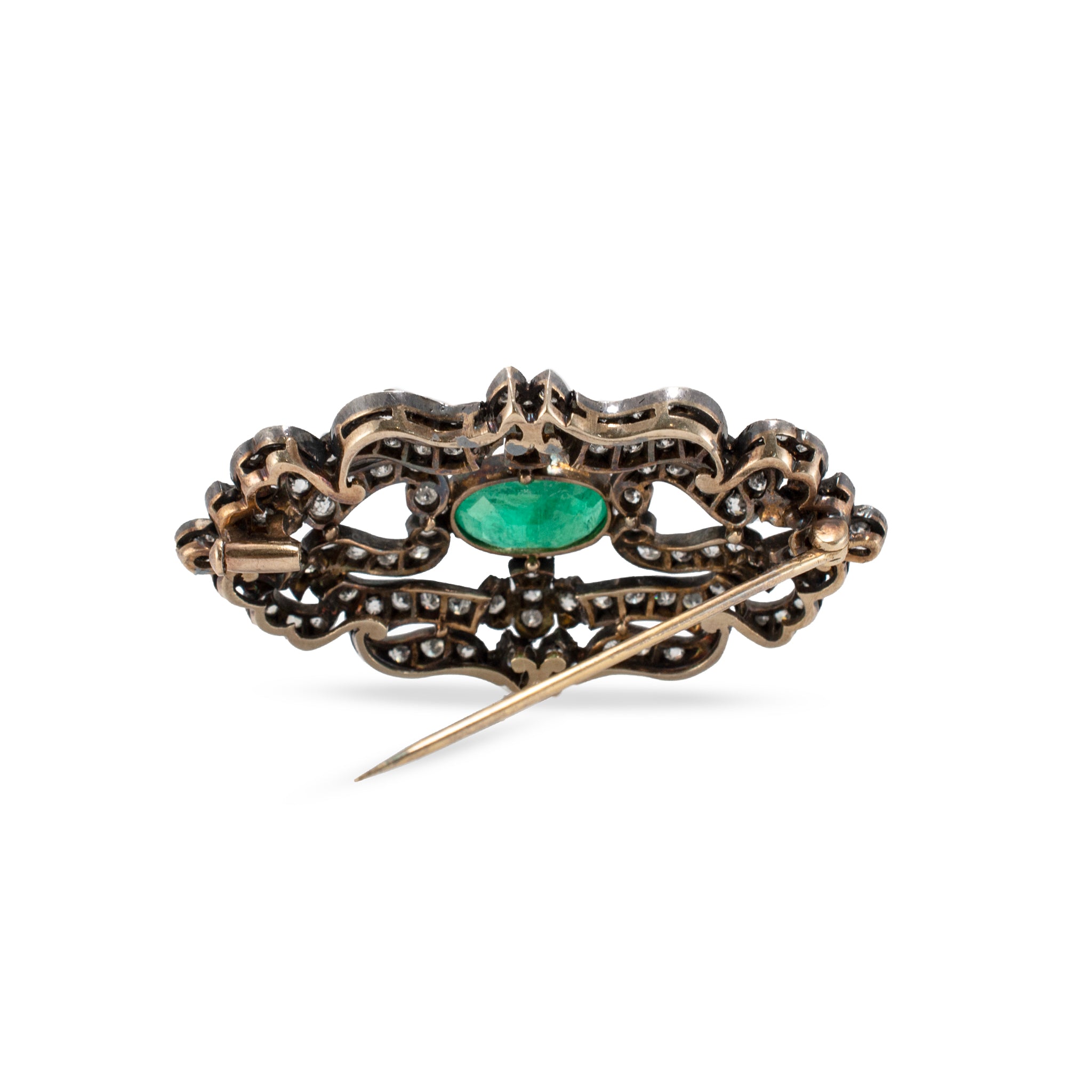 Antique Victorian Silver Top 18K Yellow Gold F1 GIA Russian Emerald Diamond PIN