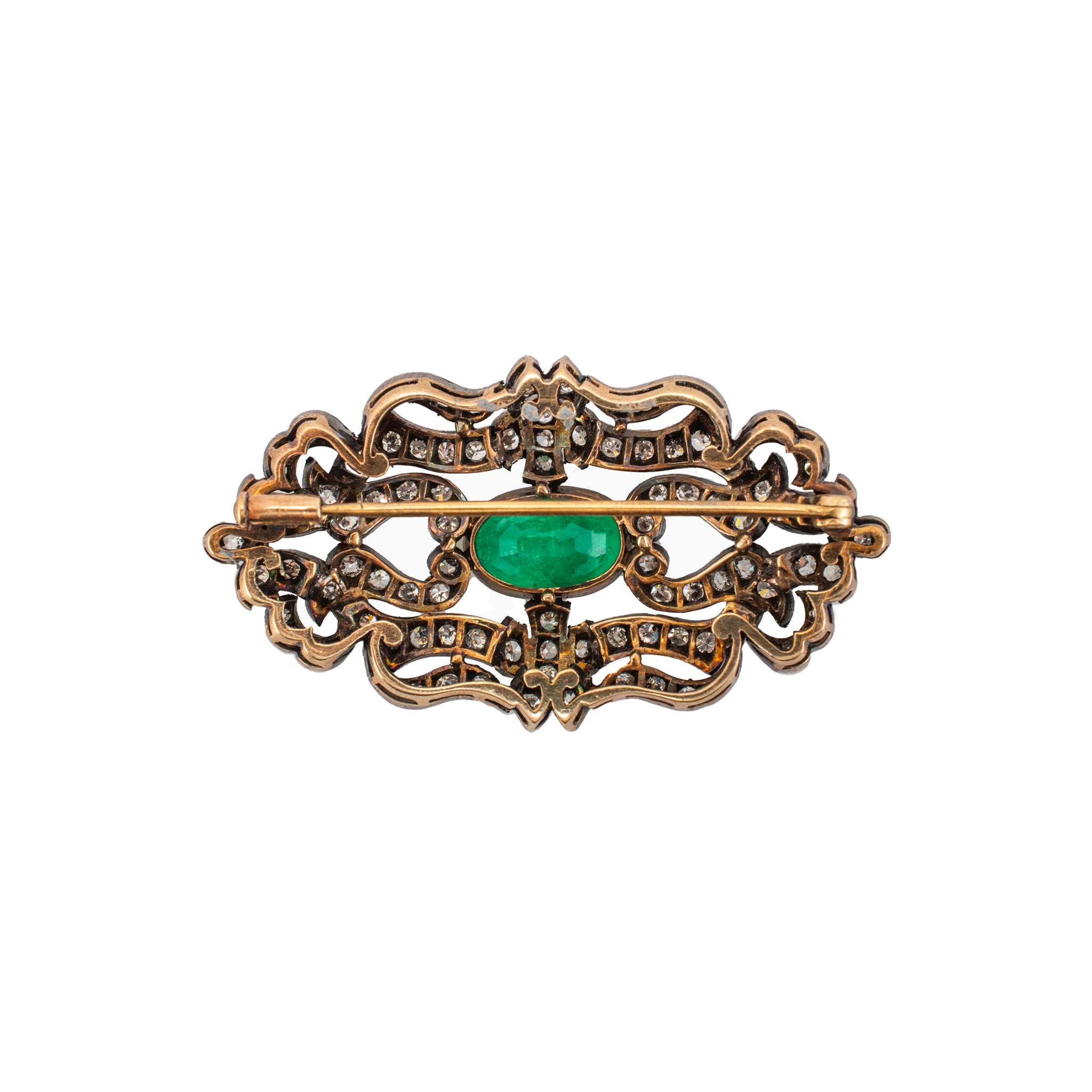 Antique Victorian Silver Top 18K Yellow Gold F1 GIA Russian Emerald Diamond PIN