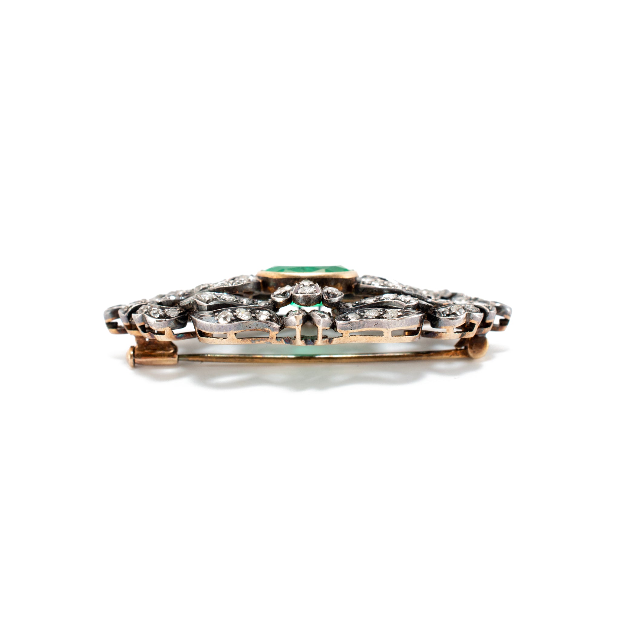 Antique Victorian Silver Top 18K Yellow Gold F1 GIA Russian Emerald Diamond PIN