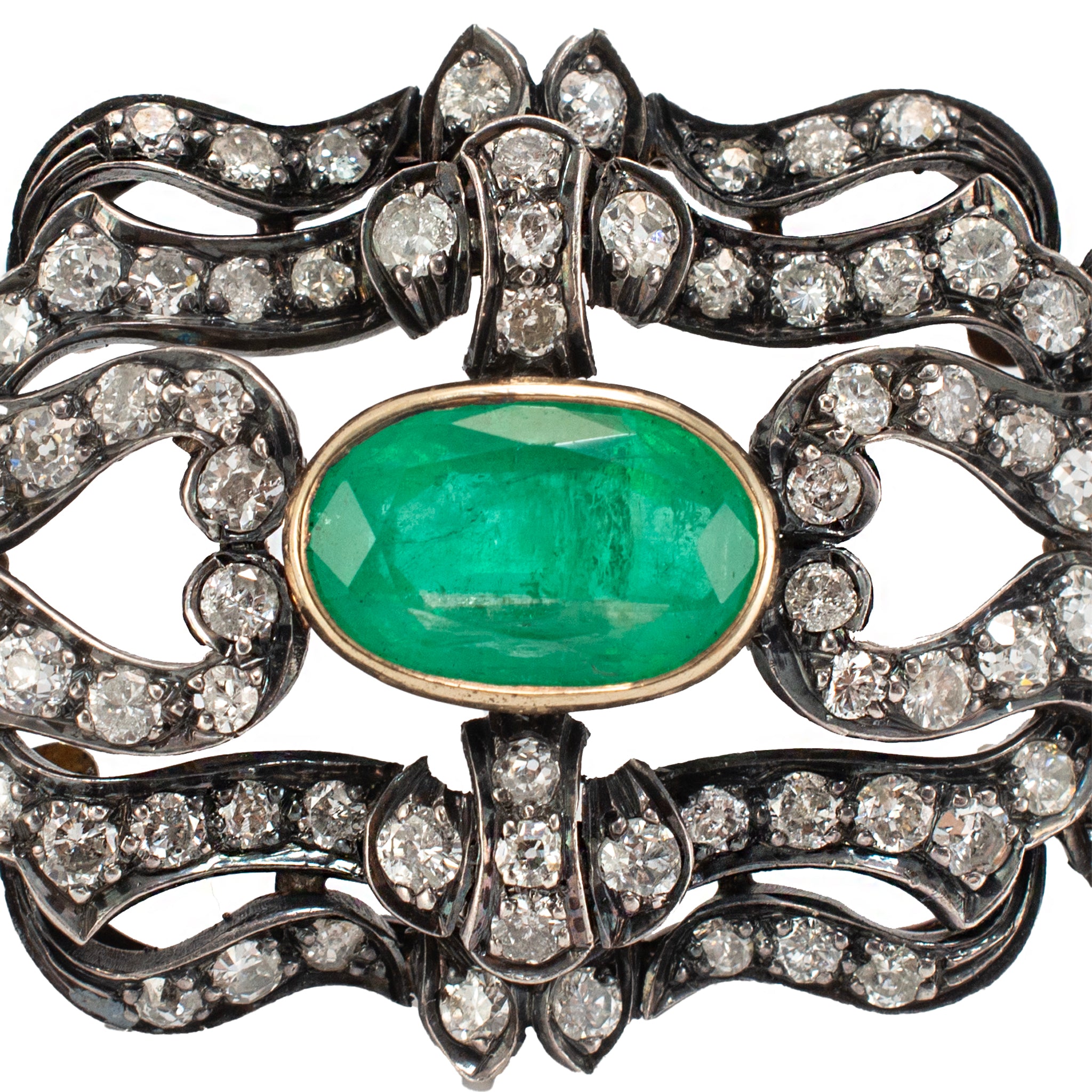 Antique Victorian Silver Top 18K Yellow Gold F1 GIA Russian Emerald Diamond PIN