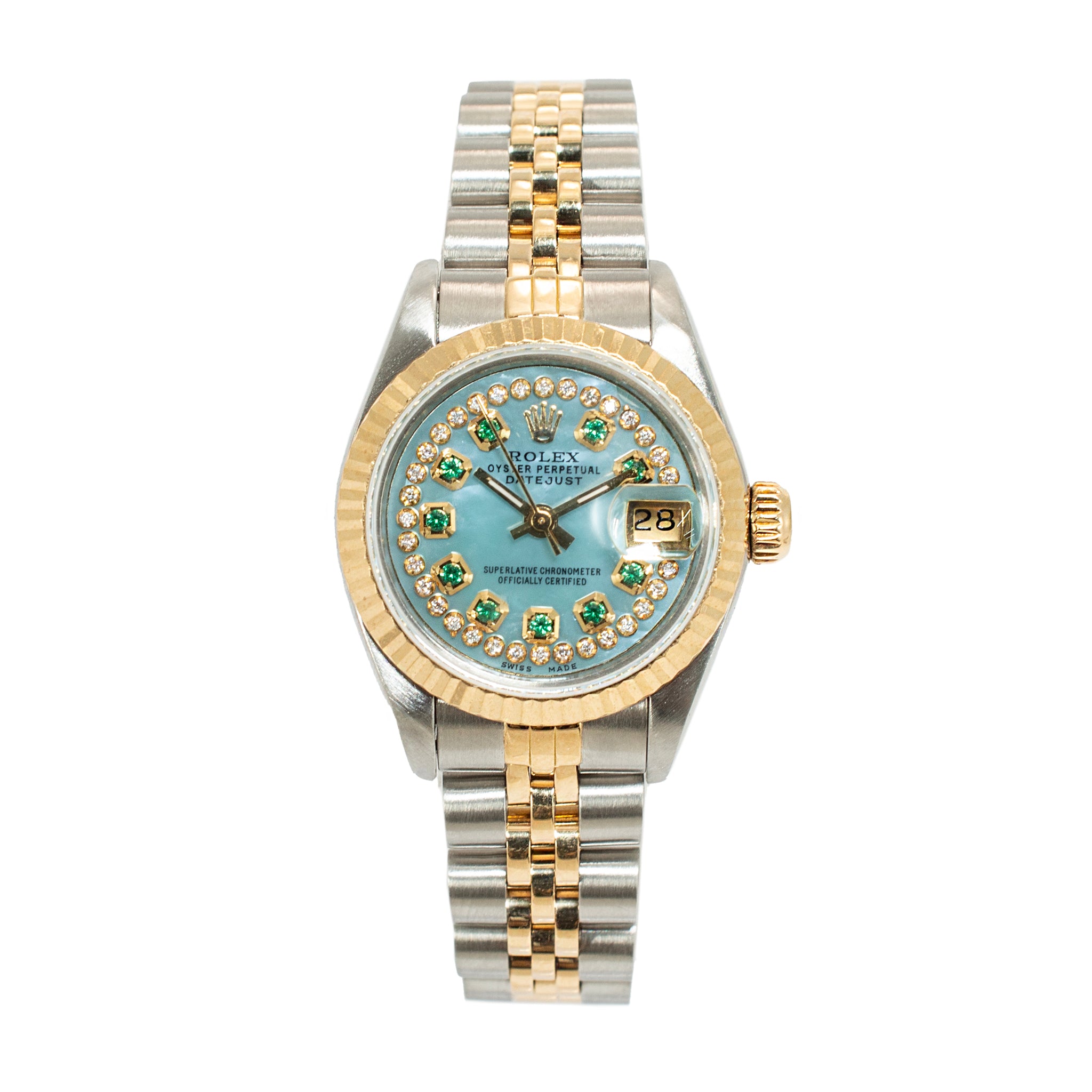 Ladies Rolex Datejust 26MM 69173 Mop Emerlad Diamond Jubilee Gold Steel Watch