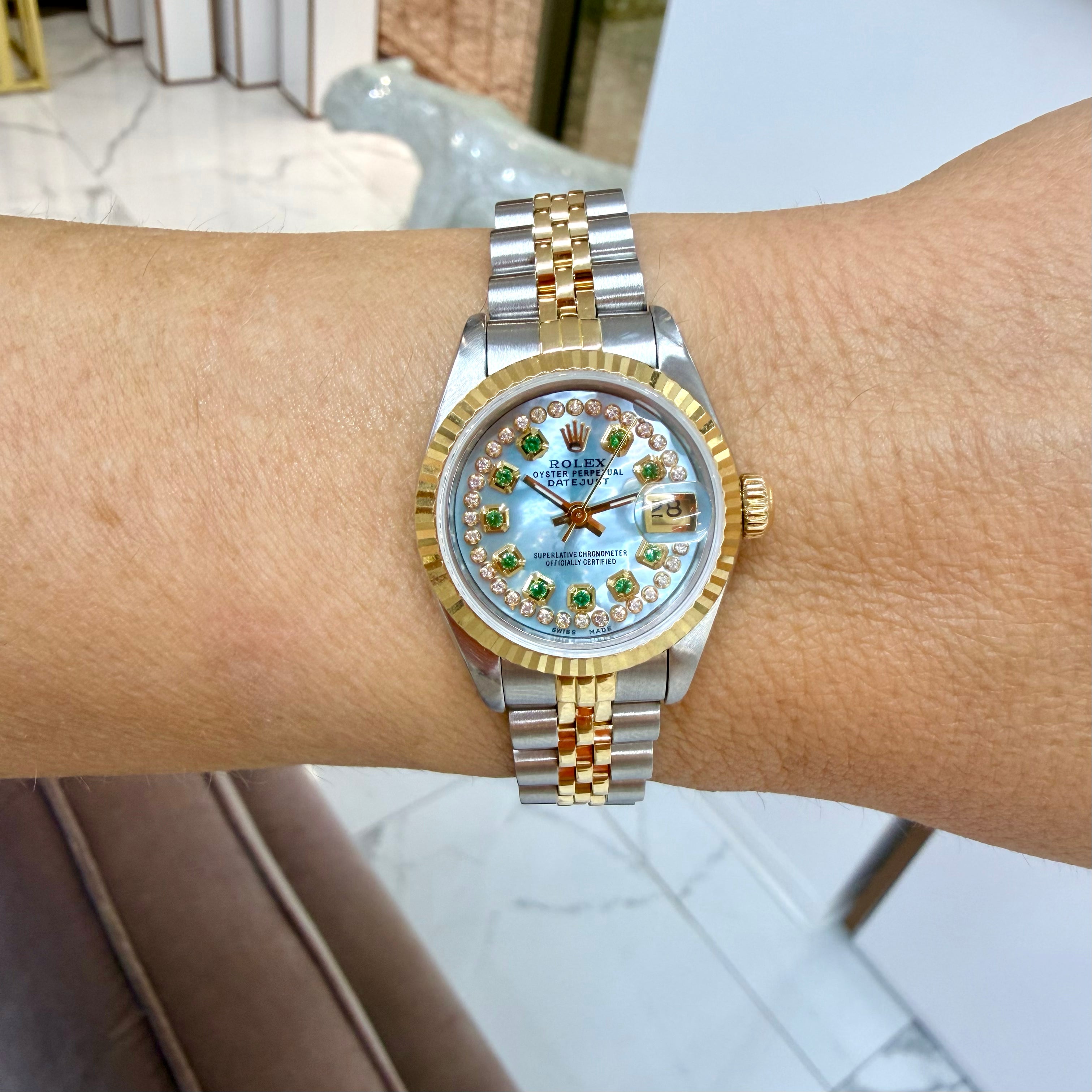 Ladies Rolex Datejust 26MM 69173 Mop Emerlad Diamond Jubilee Gold Steel Watch