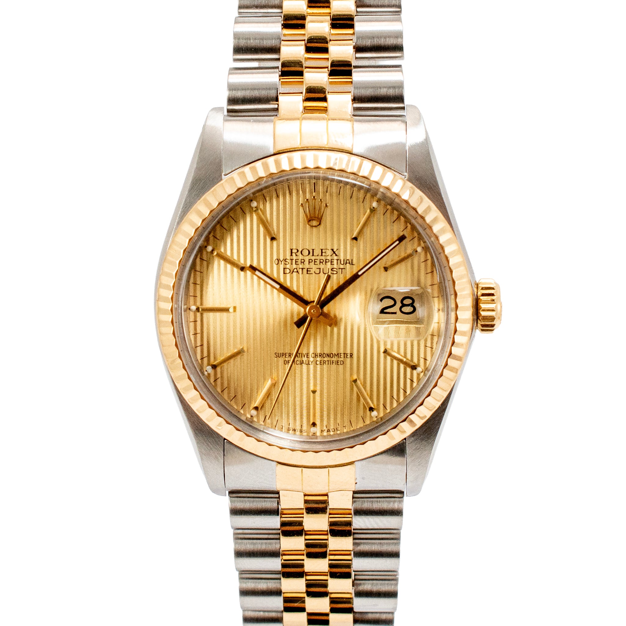 Rolex Datejust 36MM 16013 Champagne Tapestry Jubilee Fluted 18K Gold Steel Watch