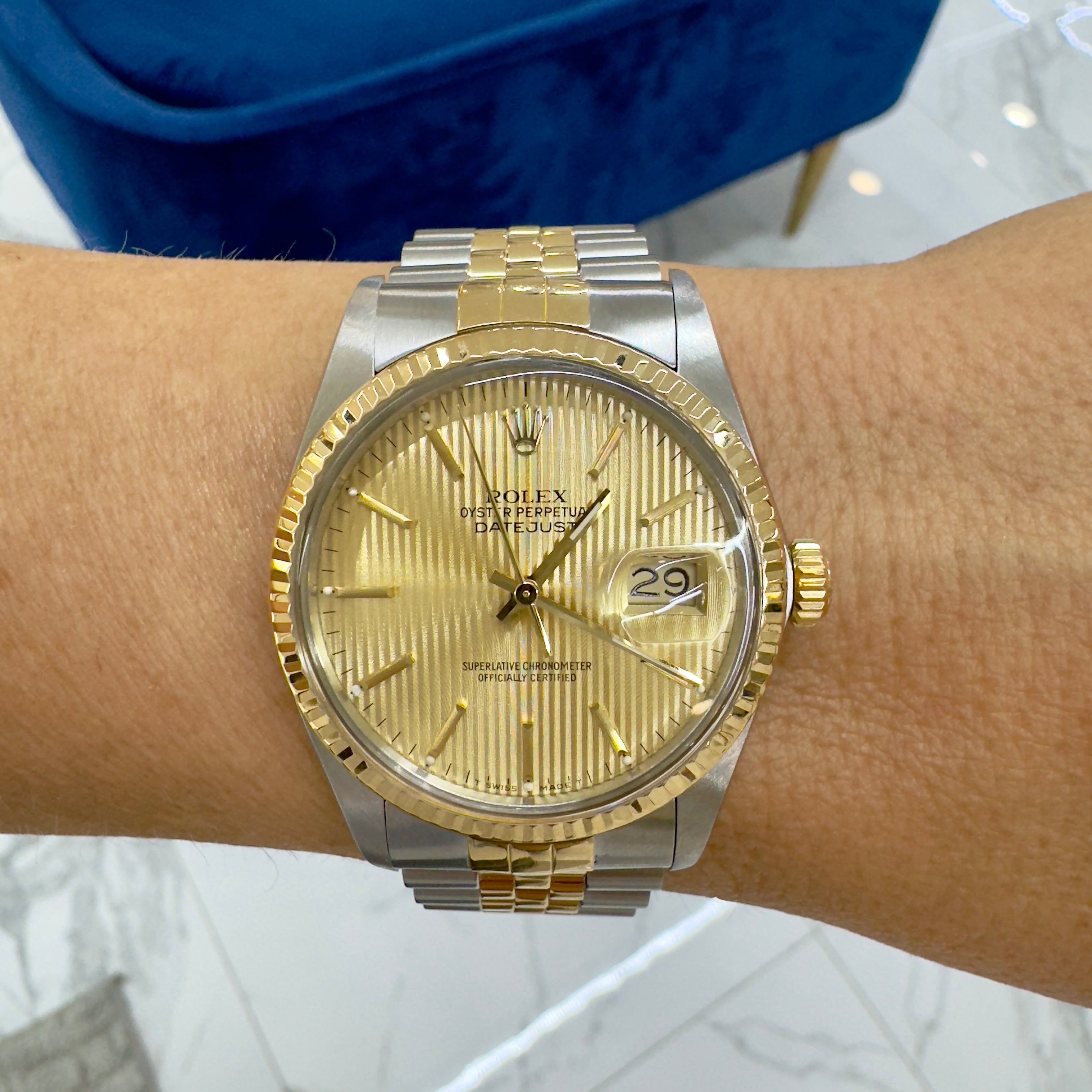 Rolex Datejust 36MM 16013 Champagne Tapestry Jubilee Fluted 18K Gold Steel Watch