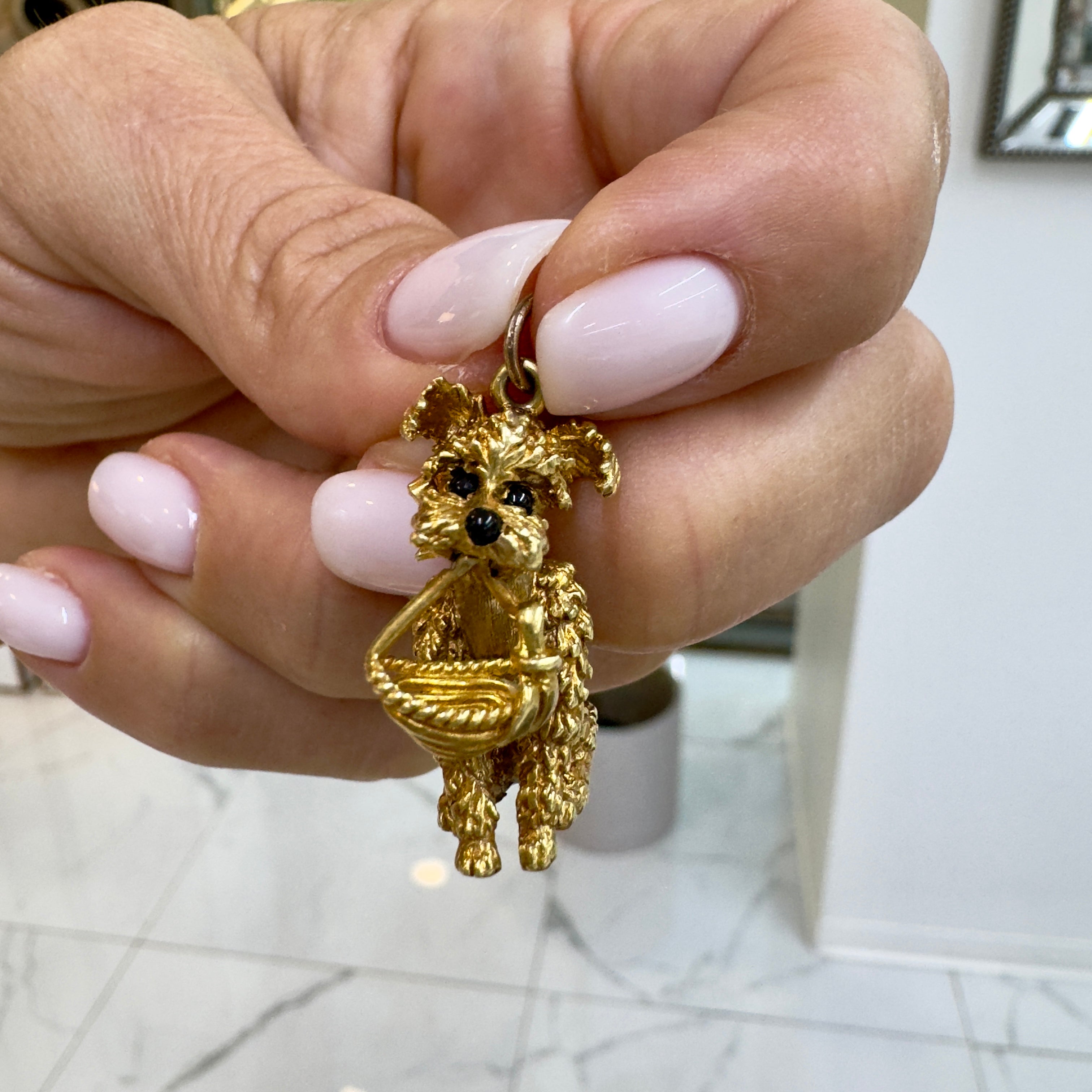 Vintage Cellino 18K Yellow Gold Onyx Schnauzer Poodle Dog Charm Pendant