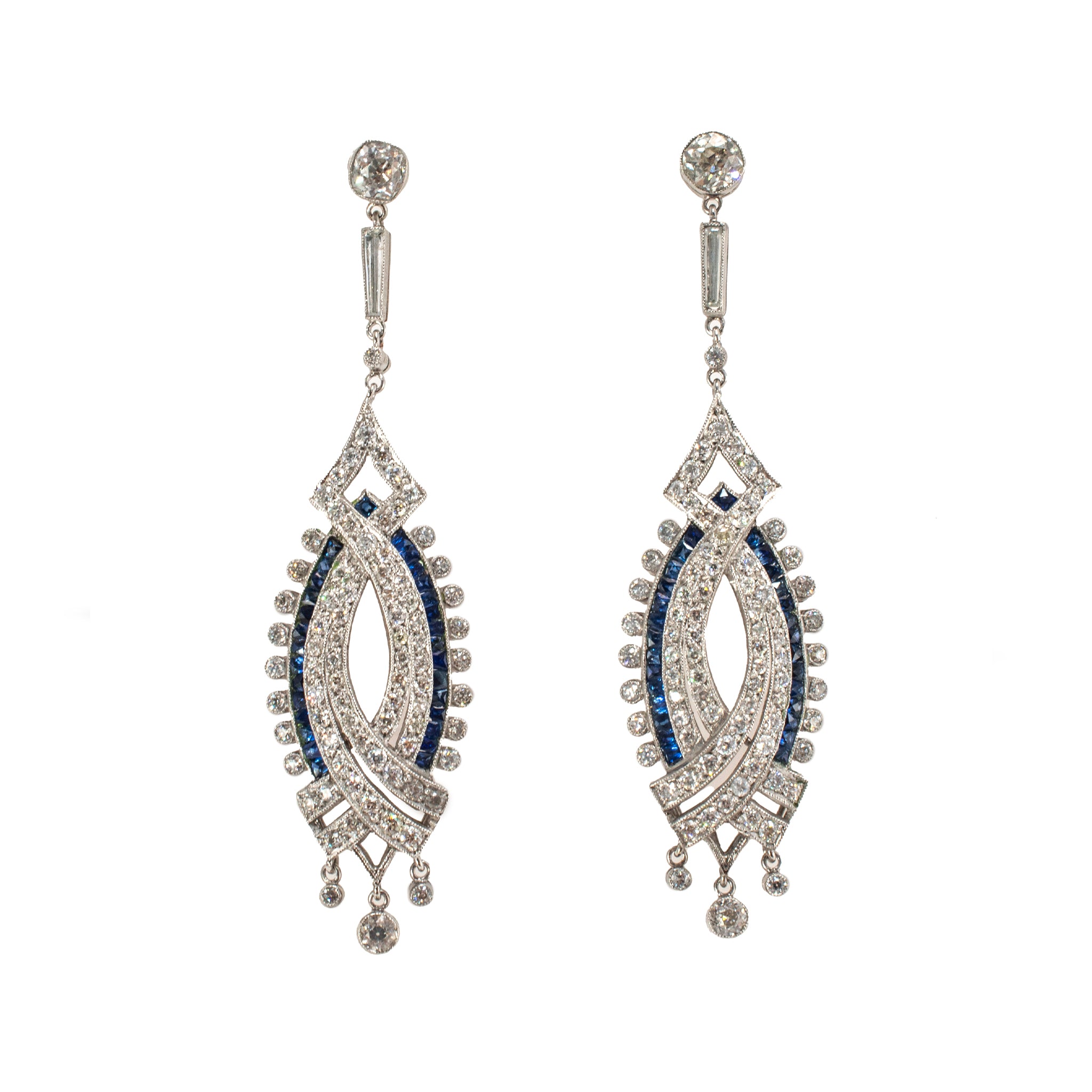 Antique Art Deco Platinum Old European Diamond and Sapphire Stud Dangle Earrings