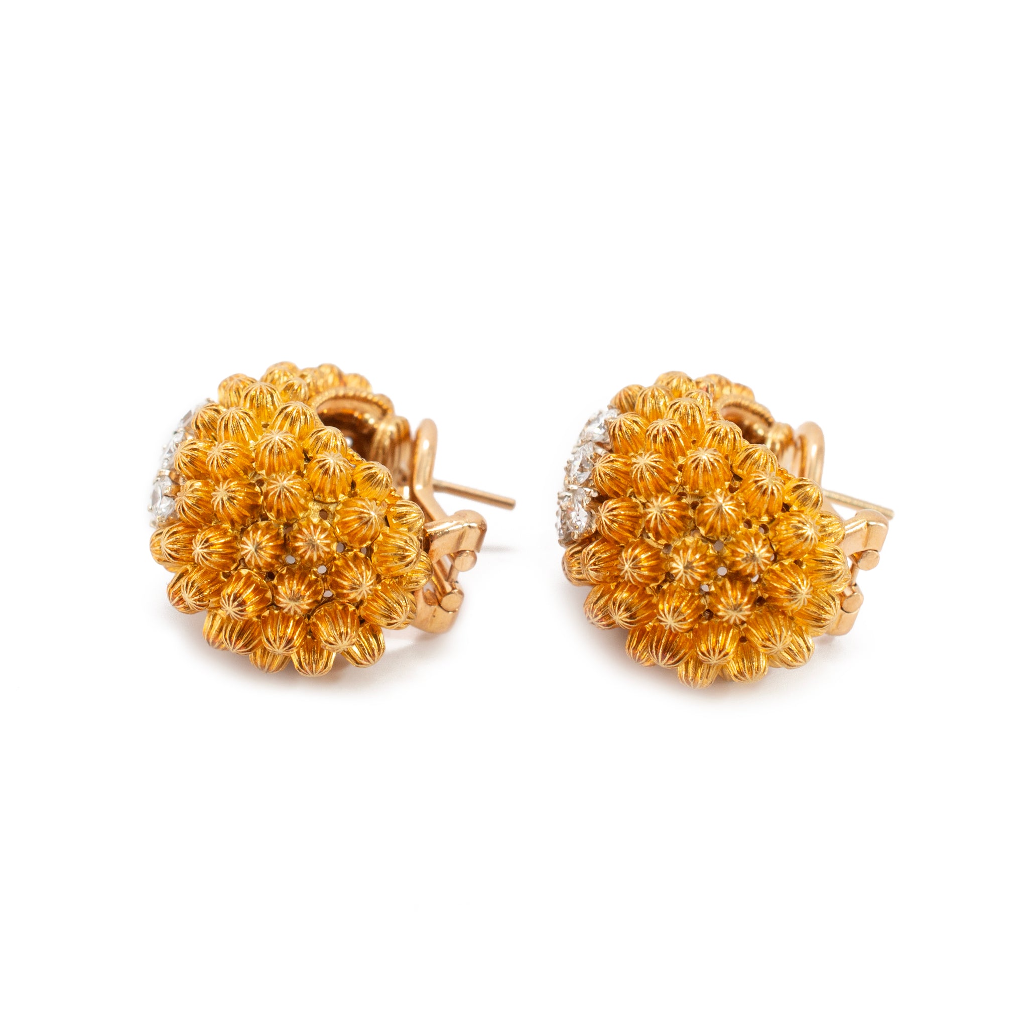 Vintage 18K Yellow Gold Diamond Domed Beaded Design Clip on Dangle Earrings