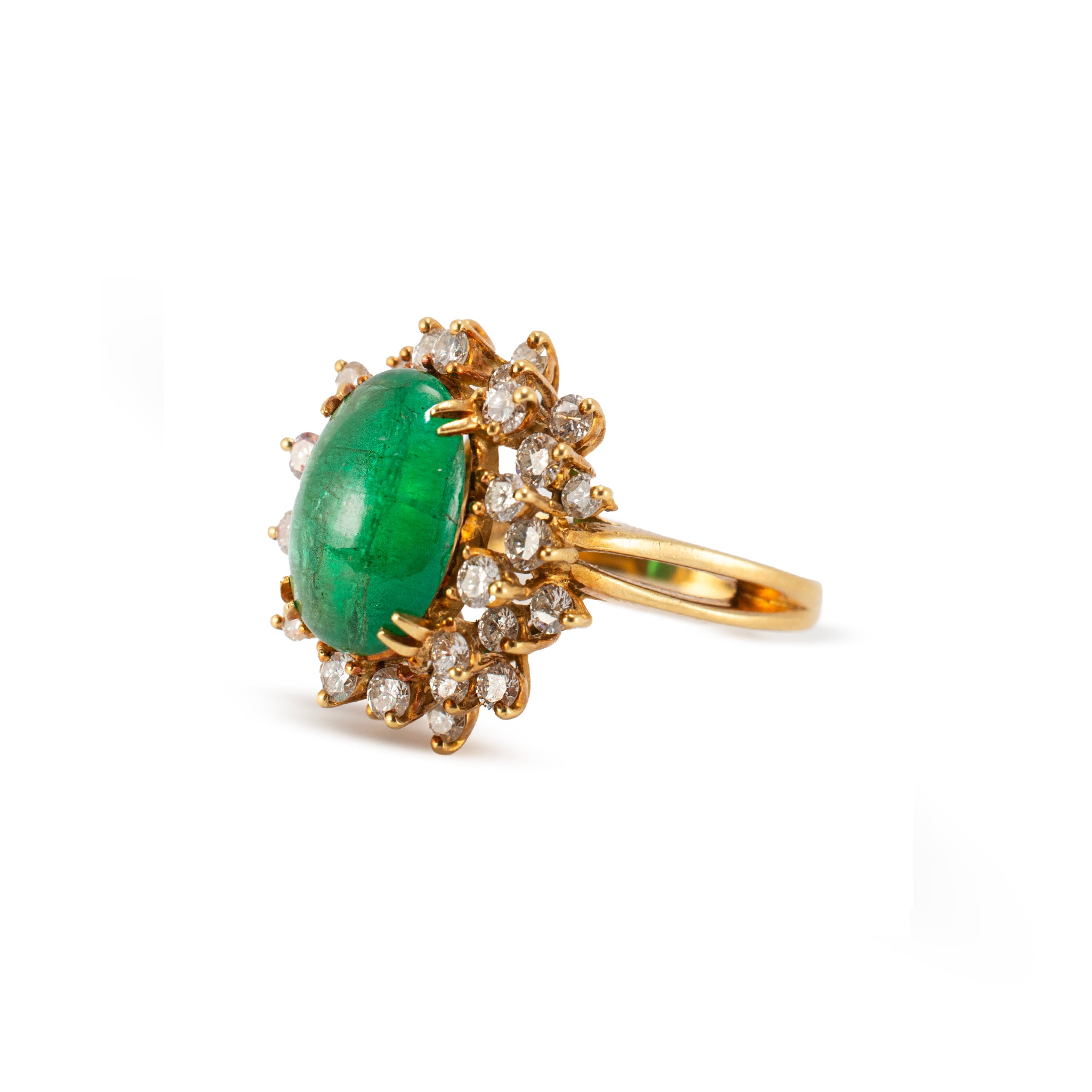 Vintage 18K Yellow Gold GIA Emerald Halo Diamond Cocktail Ring