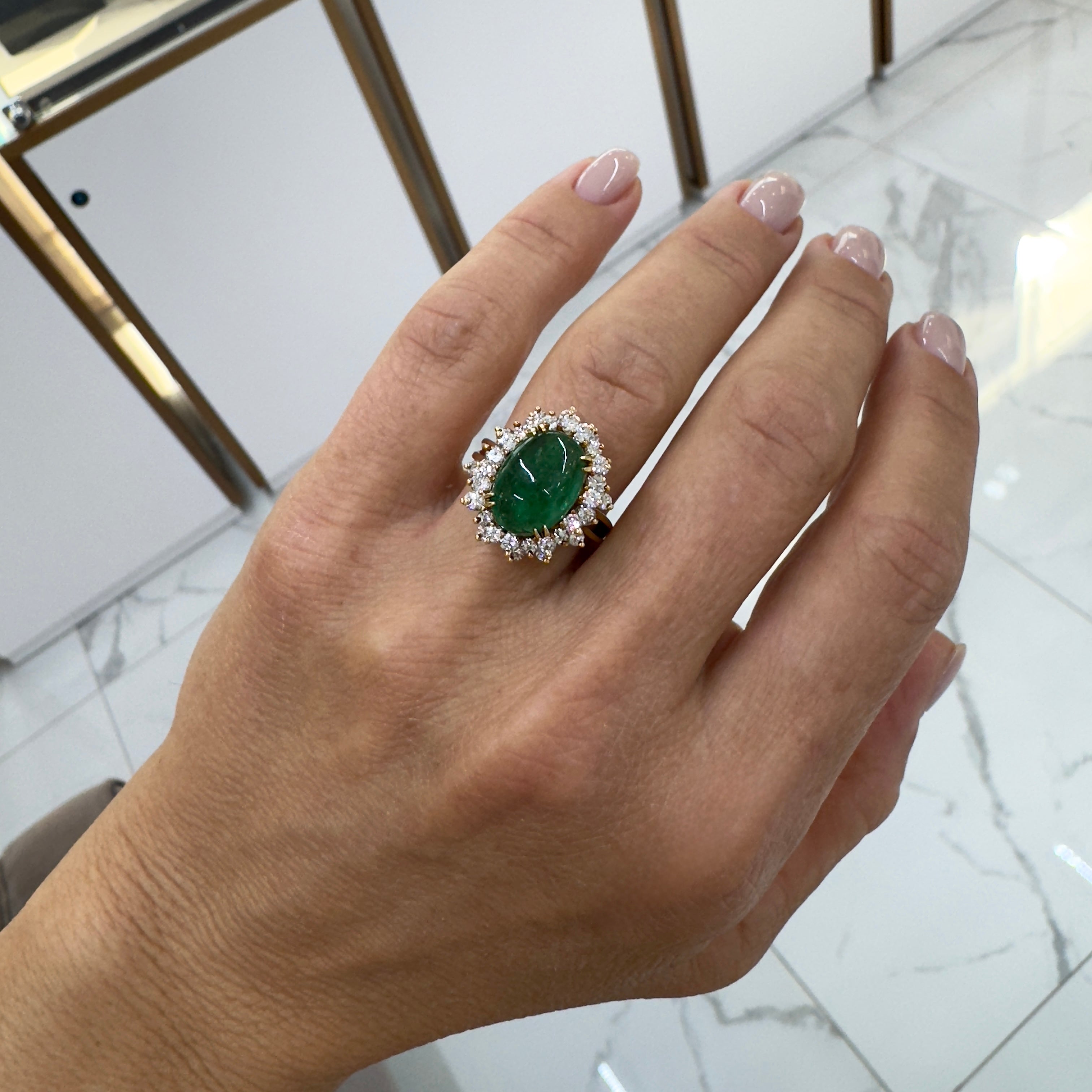 Vintage 18K Yellow Gold GIA Emerald Halo Diamond Cocktail Ring