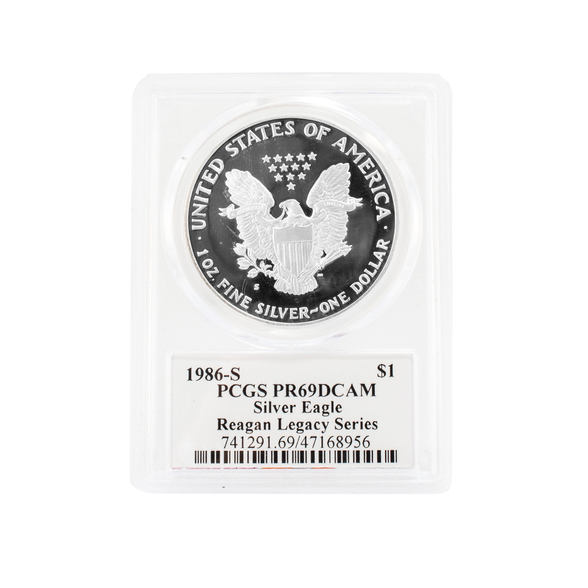 1986-S PCGS PR69DCAM 1OZ Cameron Reagan Legacy Series $1 Silver Eagle Coin