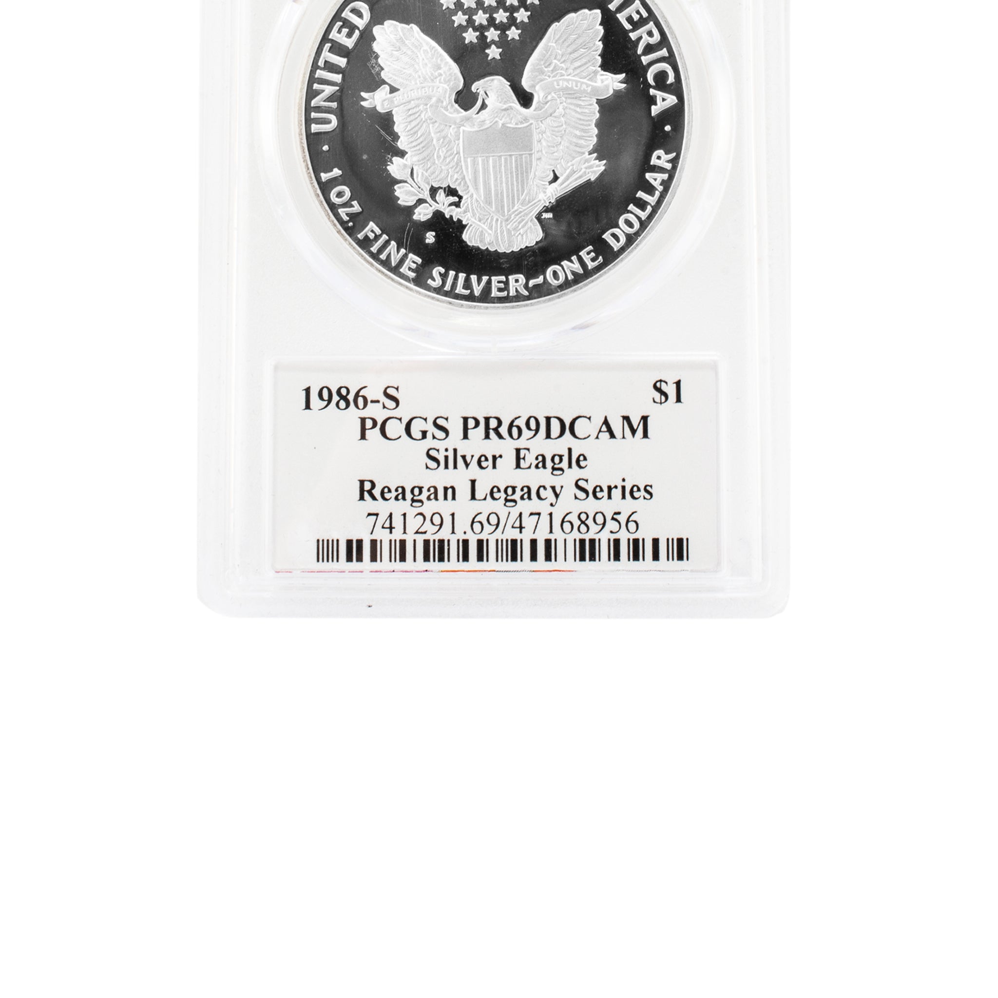 1986-S PCGS PR69DCAM 1OZ Cameron Reagan Legacy Series $1 Silver Eagle Coin