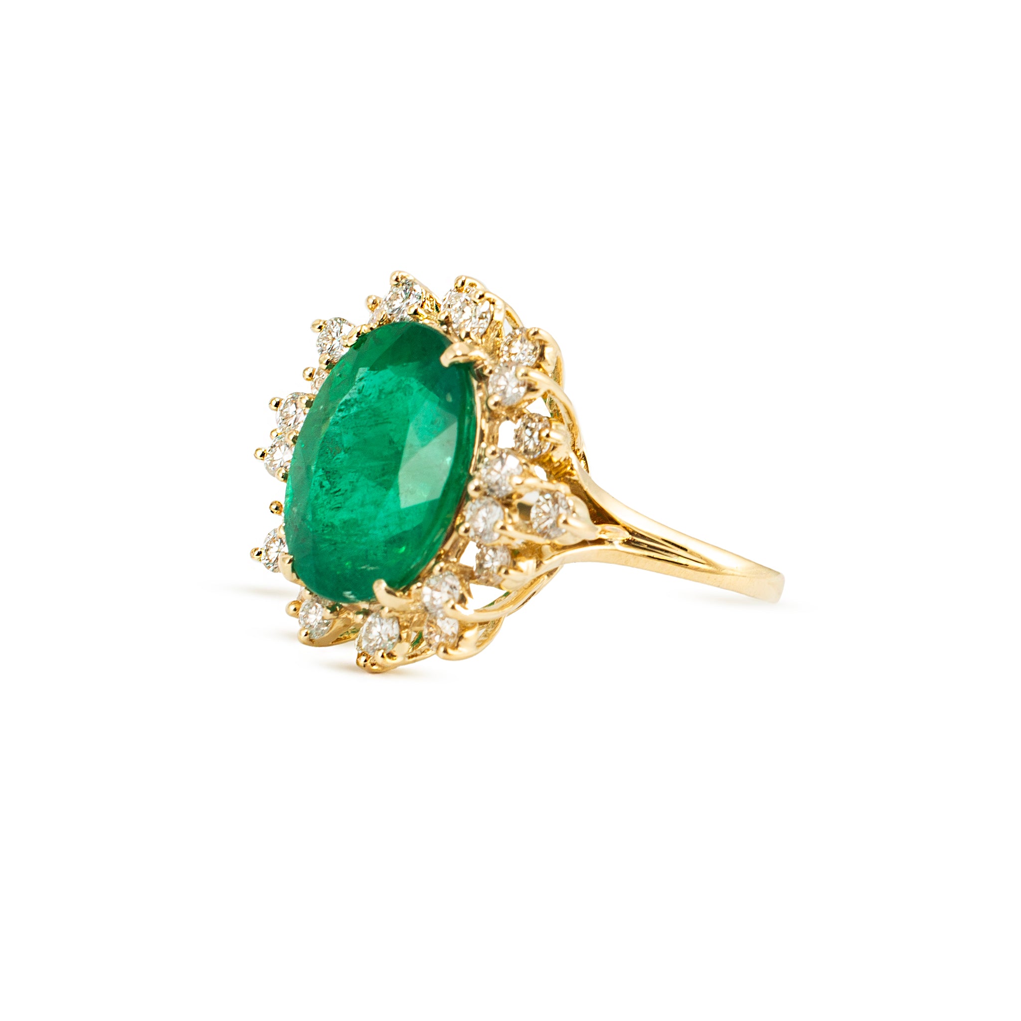 Vintage 18K Yellow Gold 6.68ct GIA Brazilian Emerald Halo Diamond Cocktail Ring