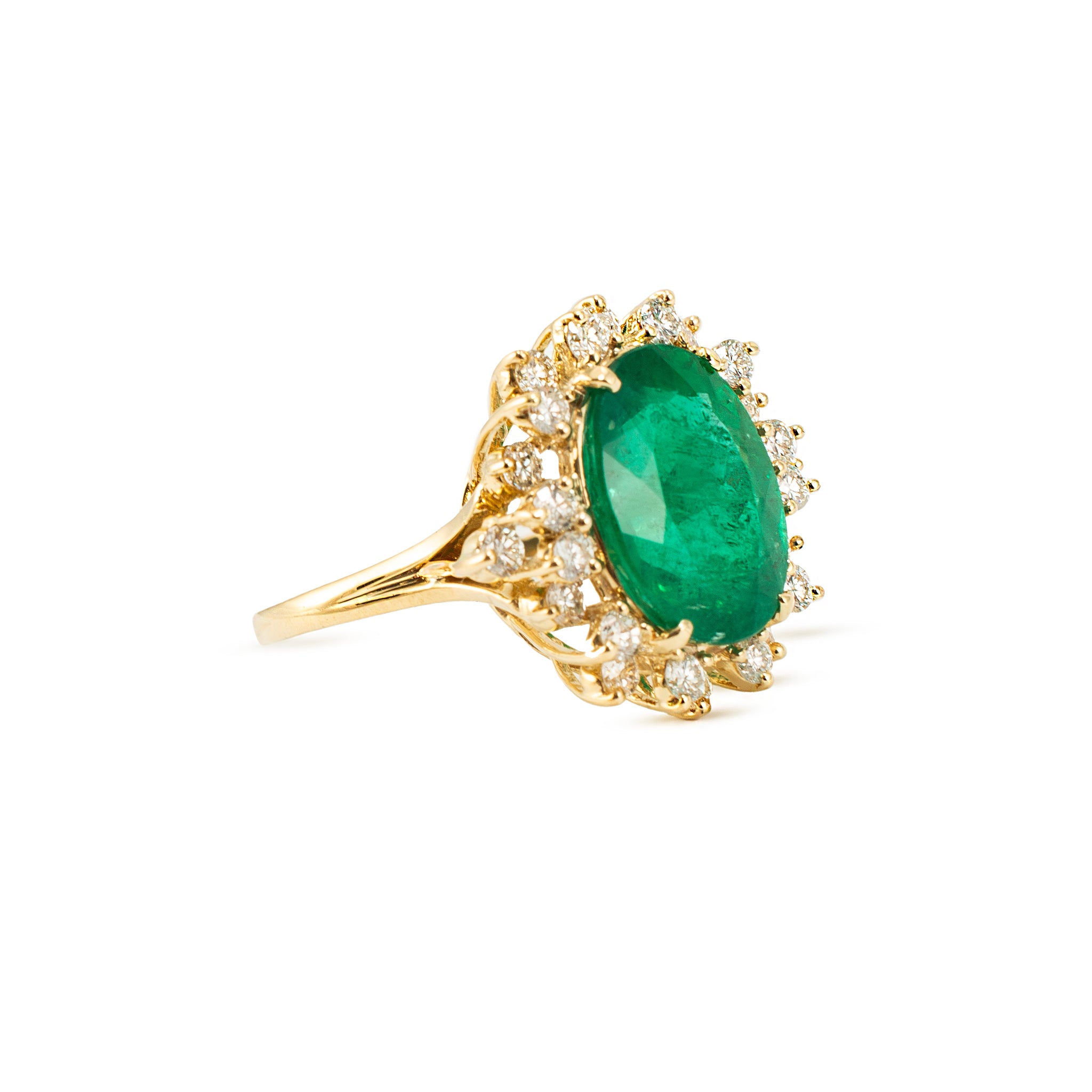 Vintage 18K Yellow Gold 6.68ct GIA Brazilian Emerald Halo Diamond Cocktail Ring