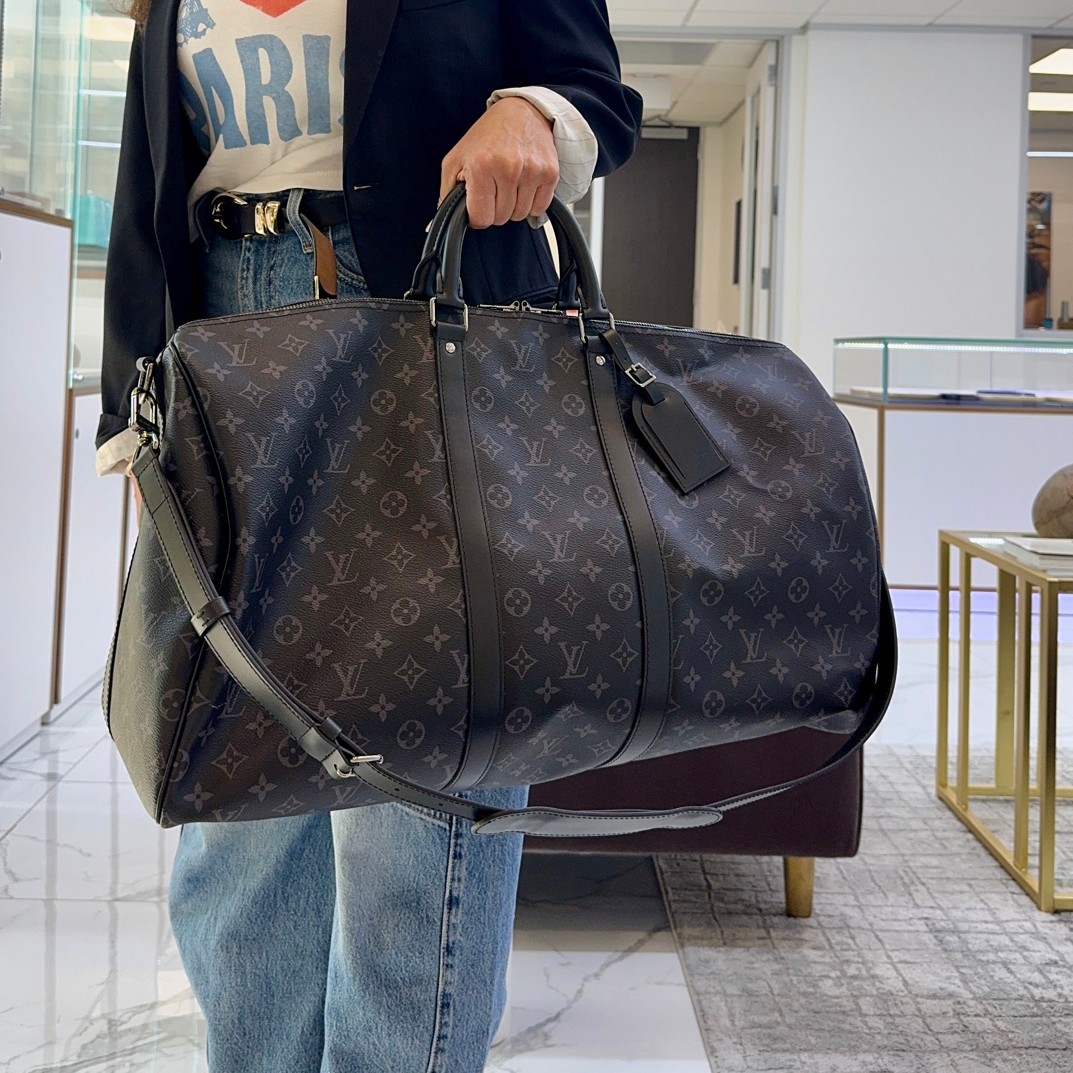 Louis Vuitton Monogram Leather Eclipse M40605 Keepall Bandouliere 55 Travel Bag