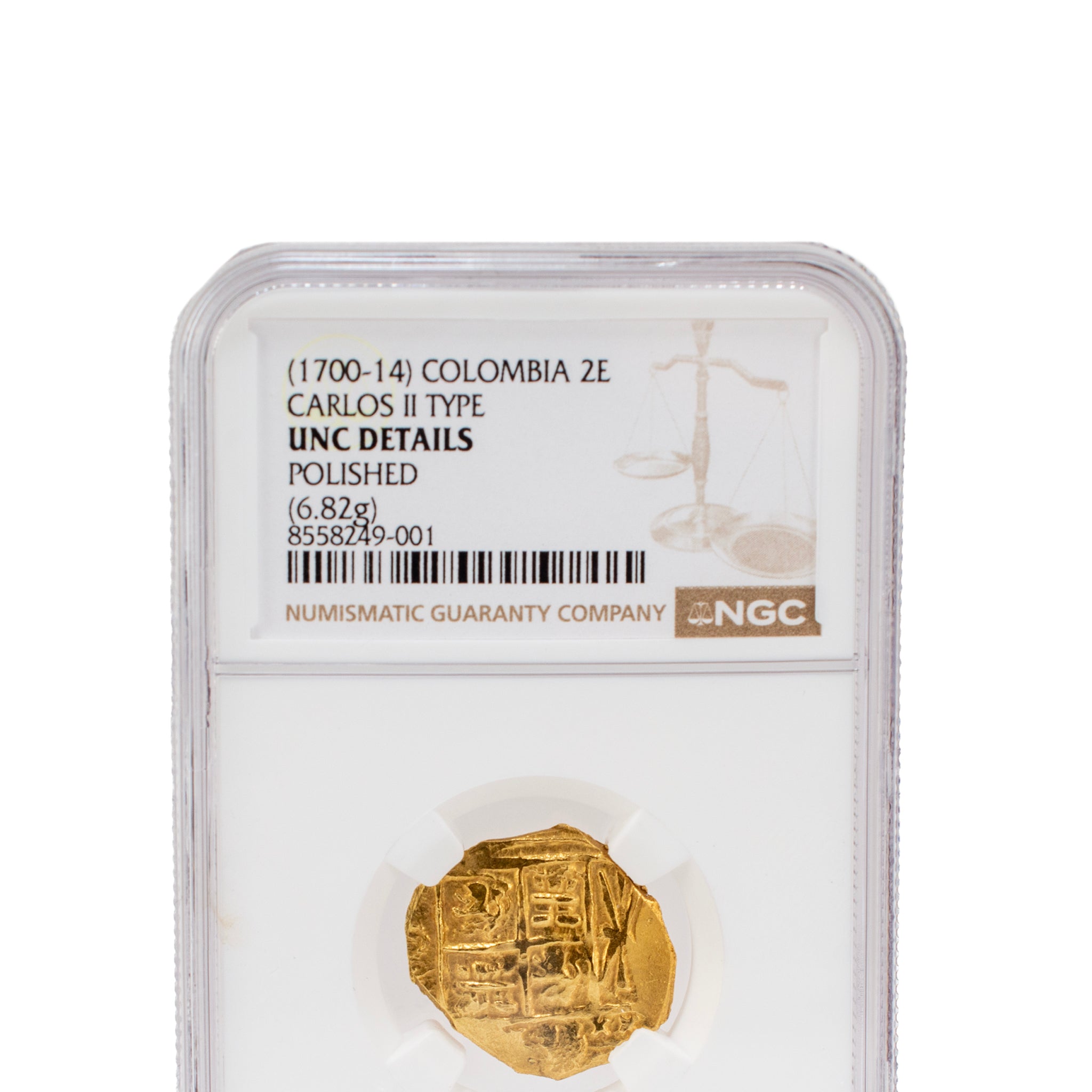 1700–1714 Ngc UNC Details Colombia 2 Escudos Carlos II Ancient Gold Cob Coin