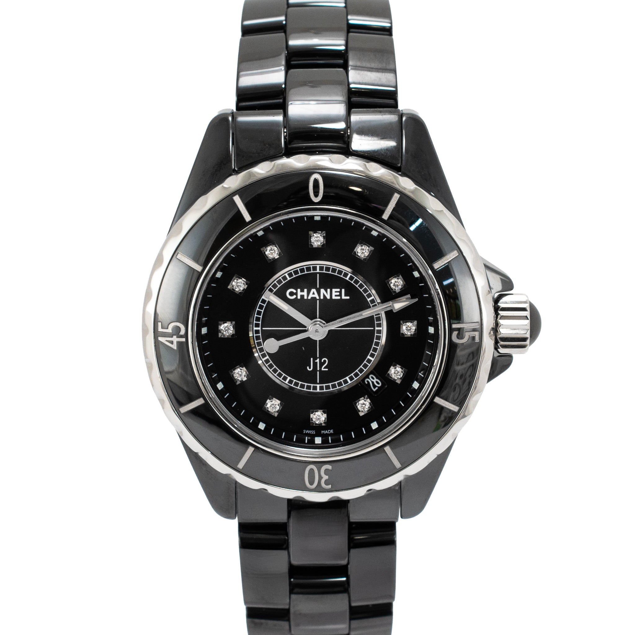 Ladies Chanel J12 Black Ceramic 33MM H1625 Icon 12 Diamond Steel Quartz Watch