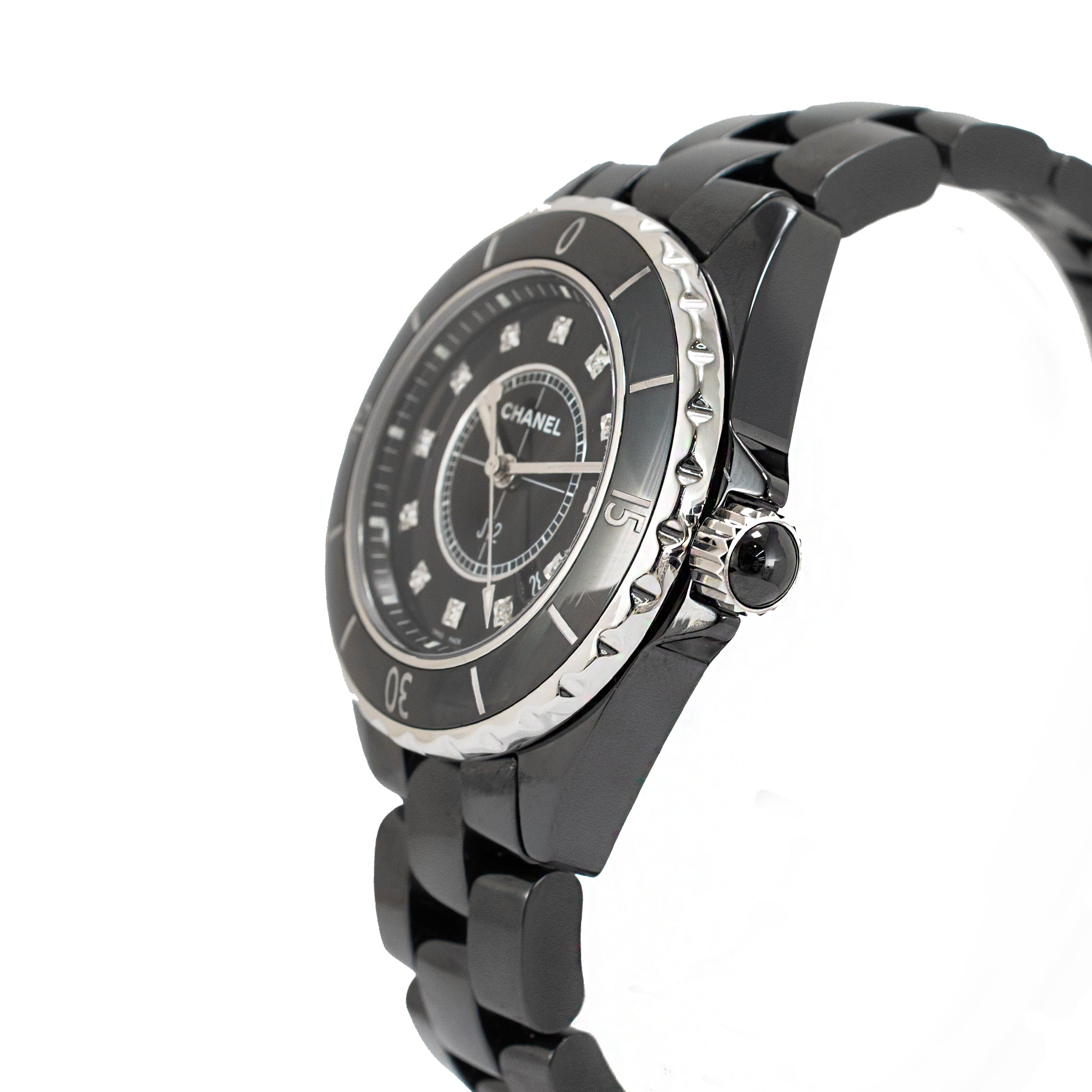 Ladies Chanel J12 Black Ceramic 33MM H1625 Icon 12 Diamond Steel Quartz Watch