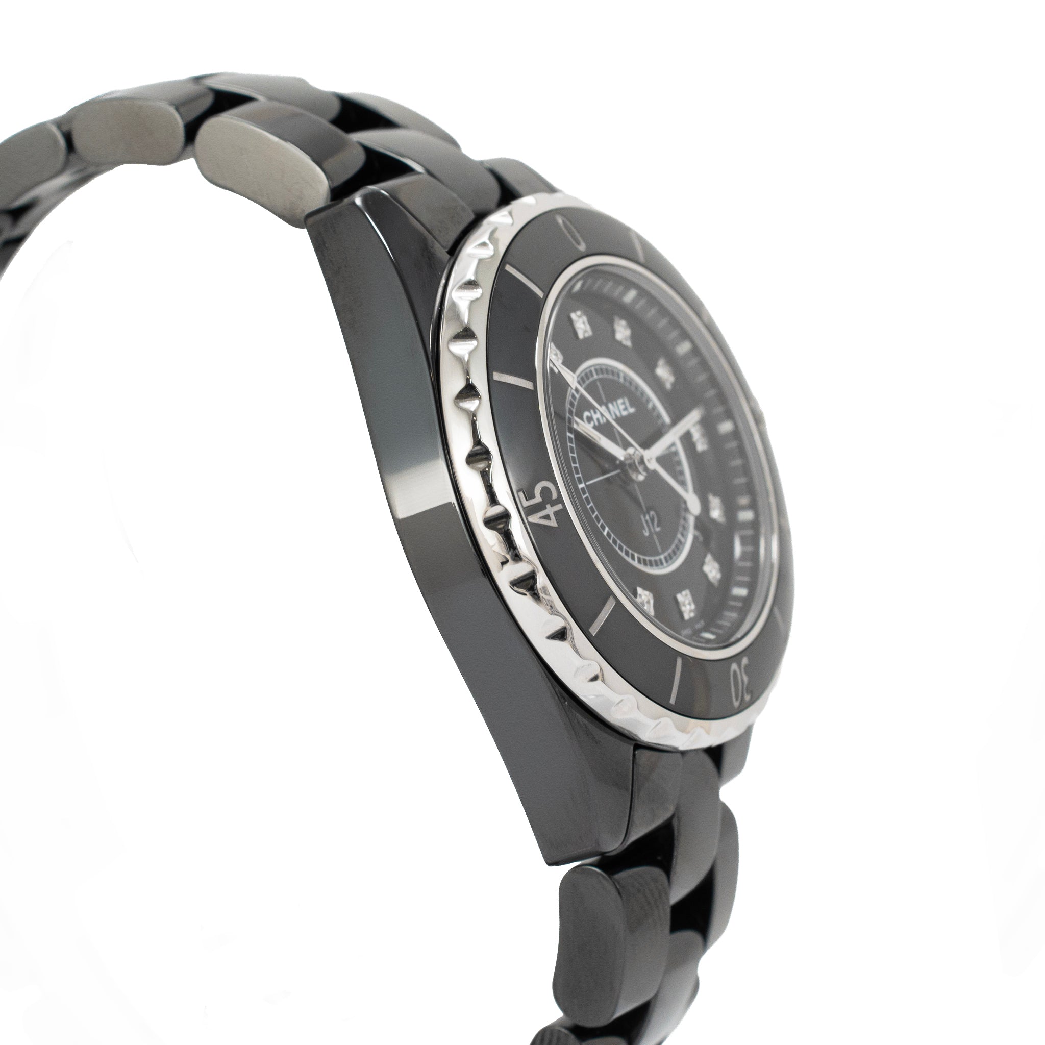 Ladies Chanel J12 Black Ceramic 33MM H1625 Icon 12 Diamond Steel Quartz Watch