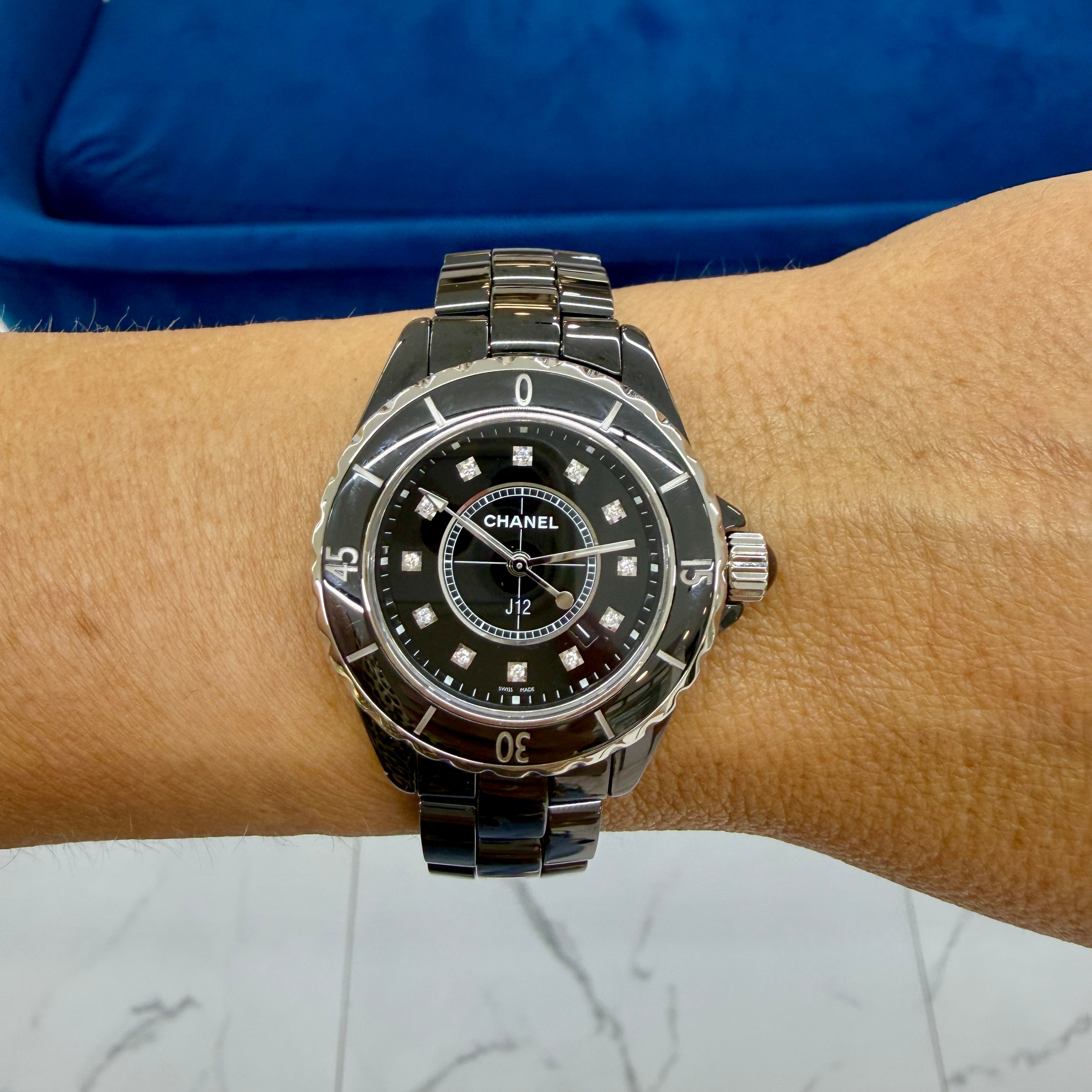 Ladies Chanel J12 Black Ceramic 33MM H1625 Icon 12 Diamond Steel Quartz Watch