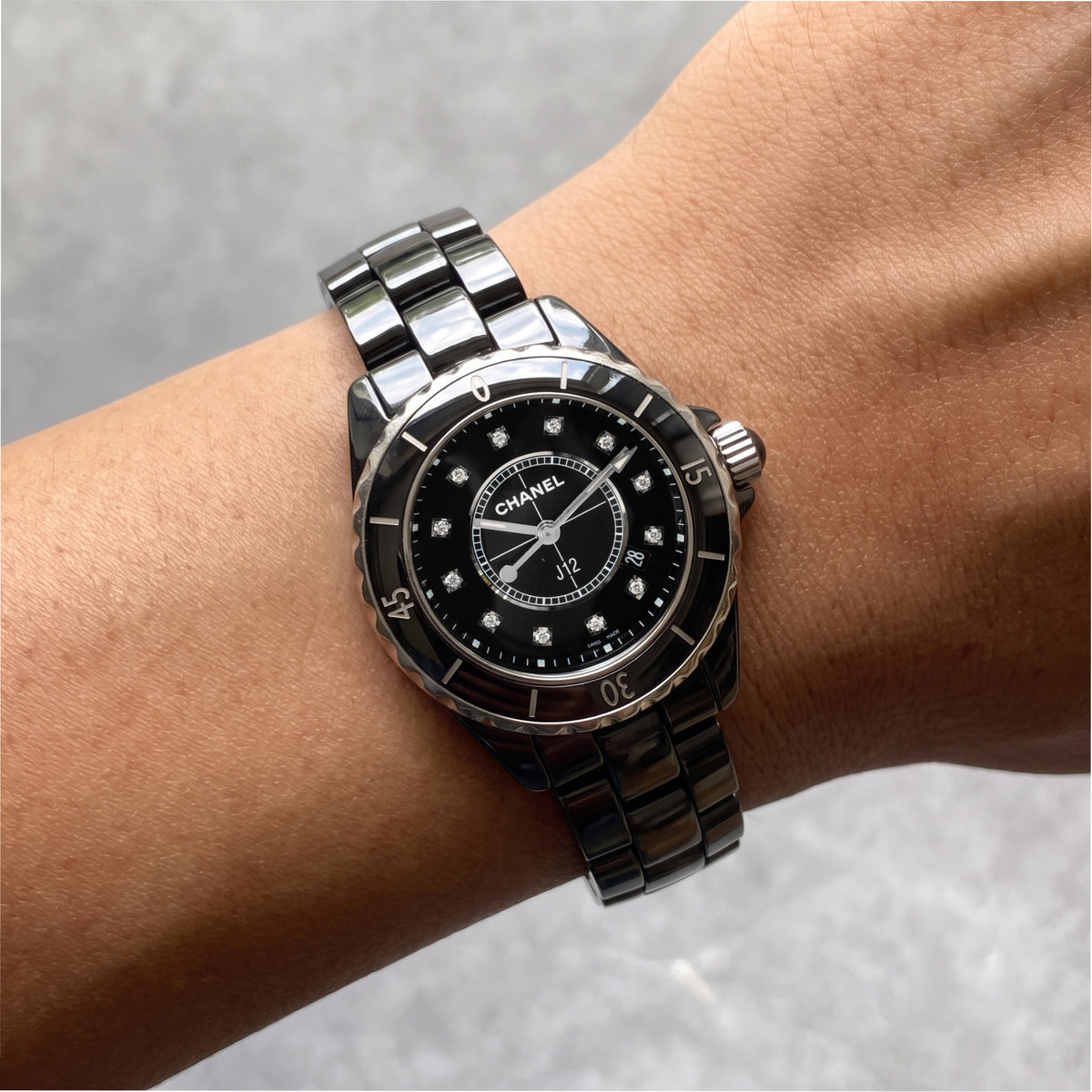 Ladies Chanel J12 Black Ceramic 33MM H1625 Icon 12 Diamond Steel Quartz Watch