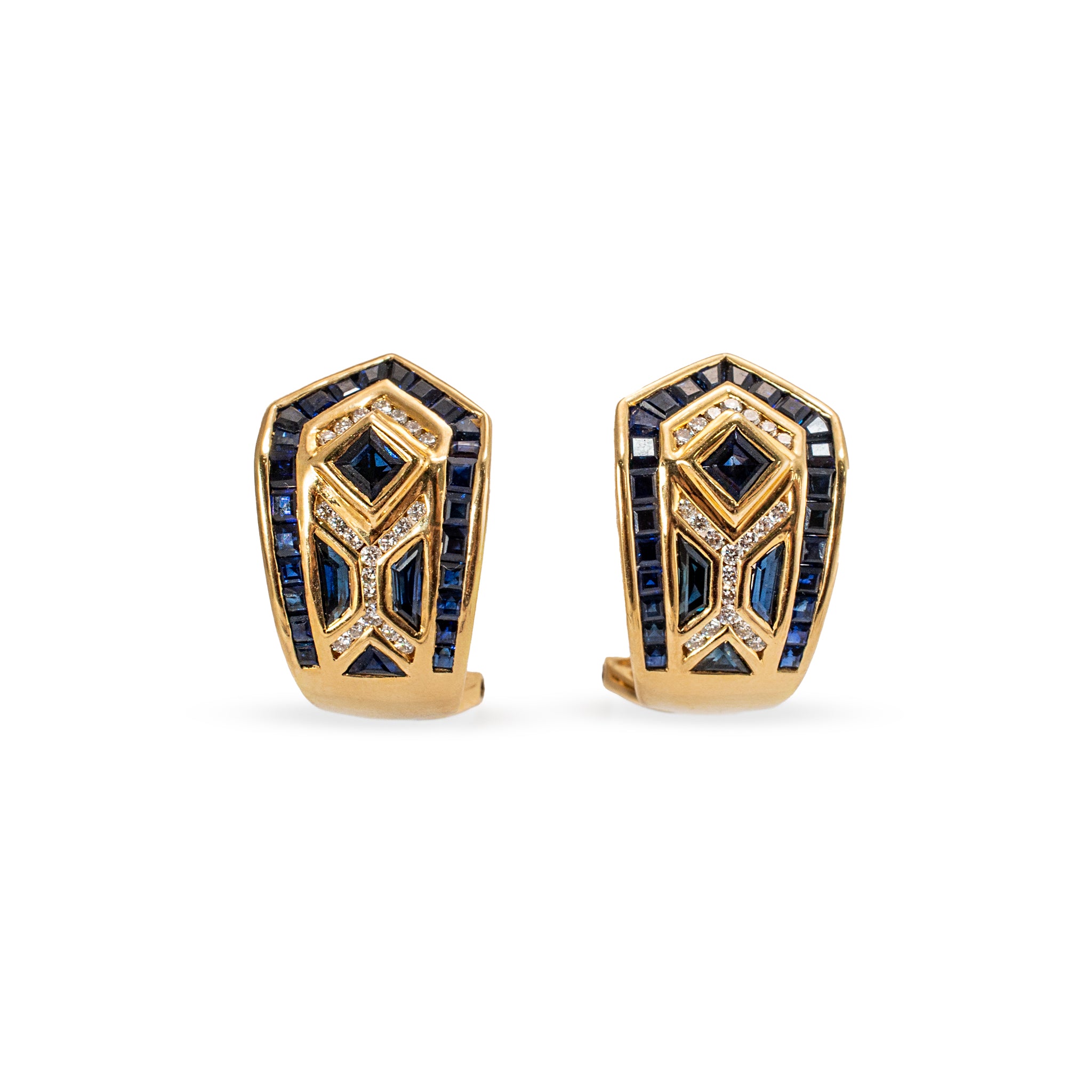 Vintage Hollywood Jewels 18K Yellow Gold Sapphire Diamond J Hoop Clip Earrings