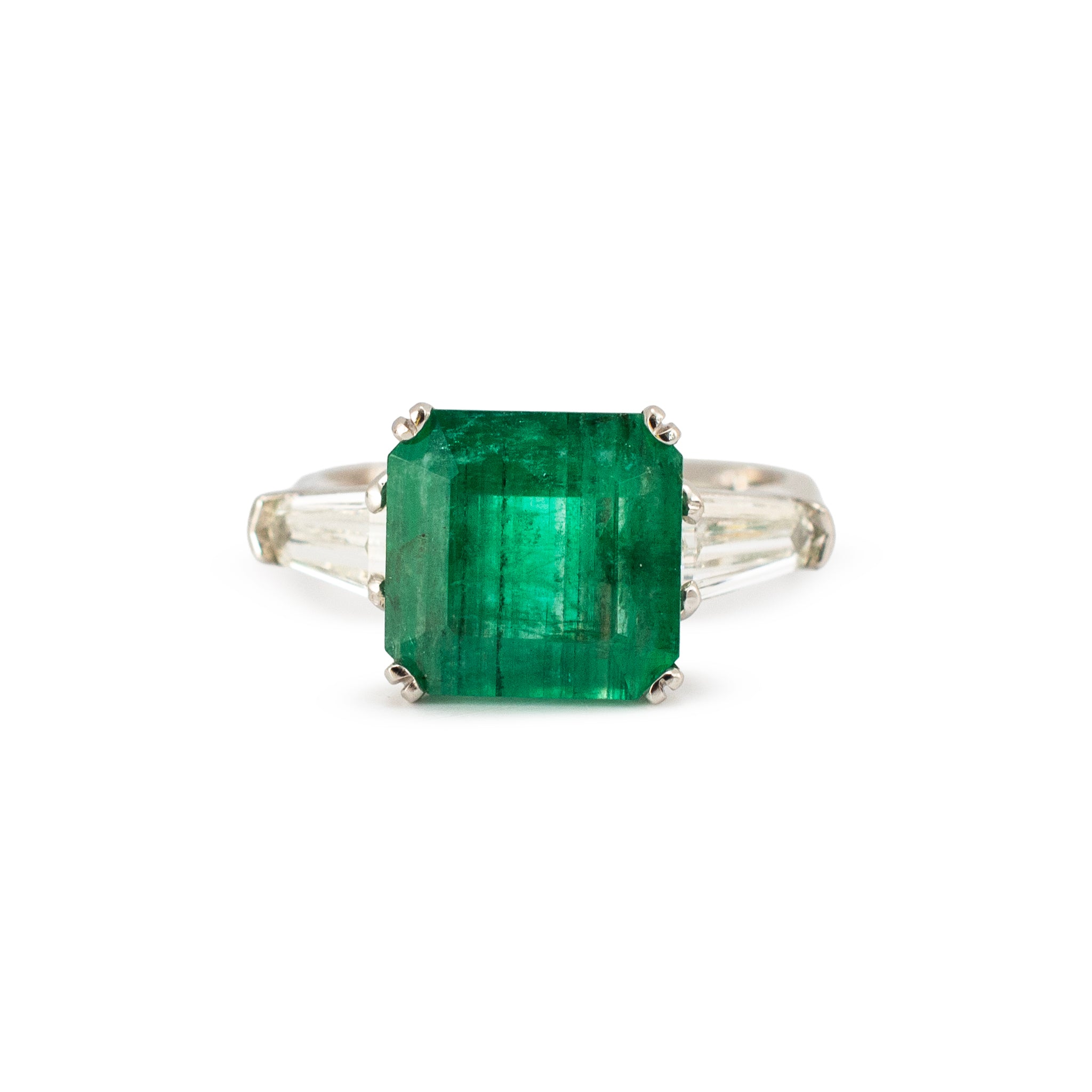 Vintage Platinum 4.35ctw Gia Green Emerald Diamond Three Stone Cocktail Ring