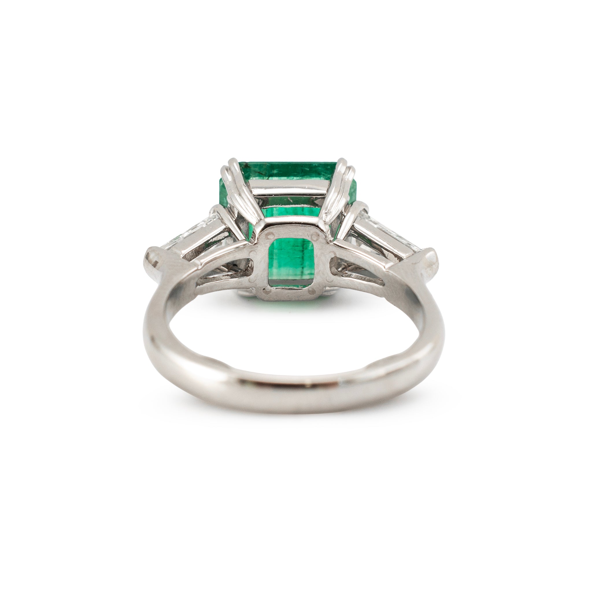 Vintage Platinum 4.35ctw Gia Green Emerald Diamond Three Stone Cocktail Ring