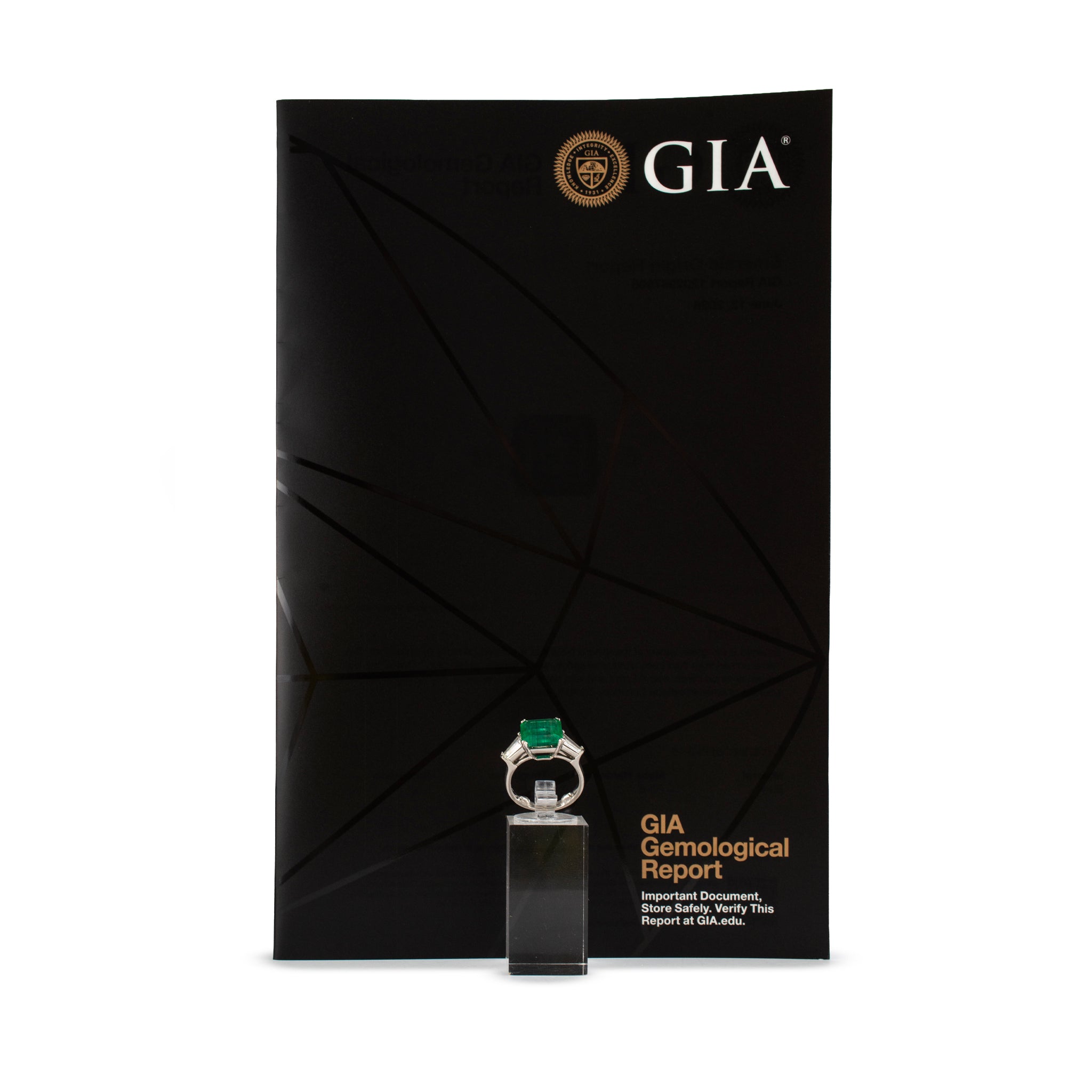 Vintage Platinum 4.35ctw Gia Green Emerald Diamond Three Stone Cocktail Ring