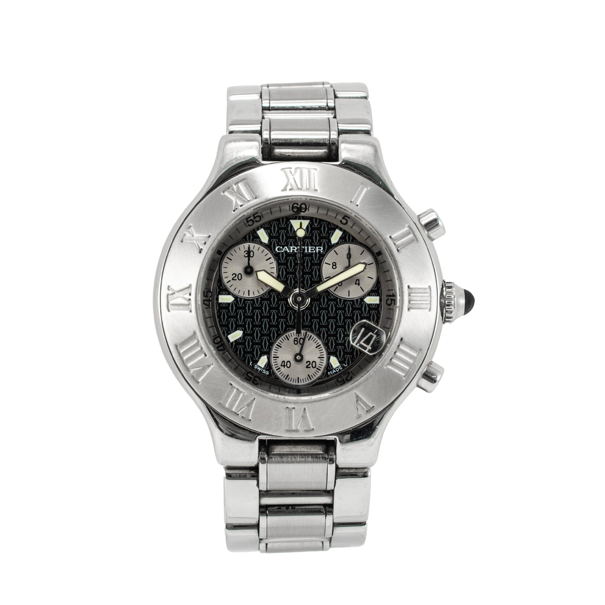 Cartier 21 Chronoscaph 38MM 2424 Black Silver Sub Roman Bezel Steel Quartz Watch