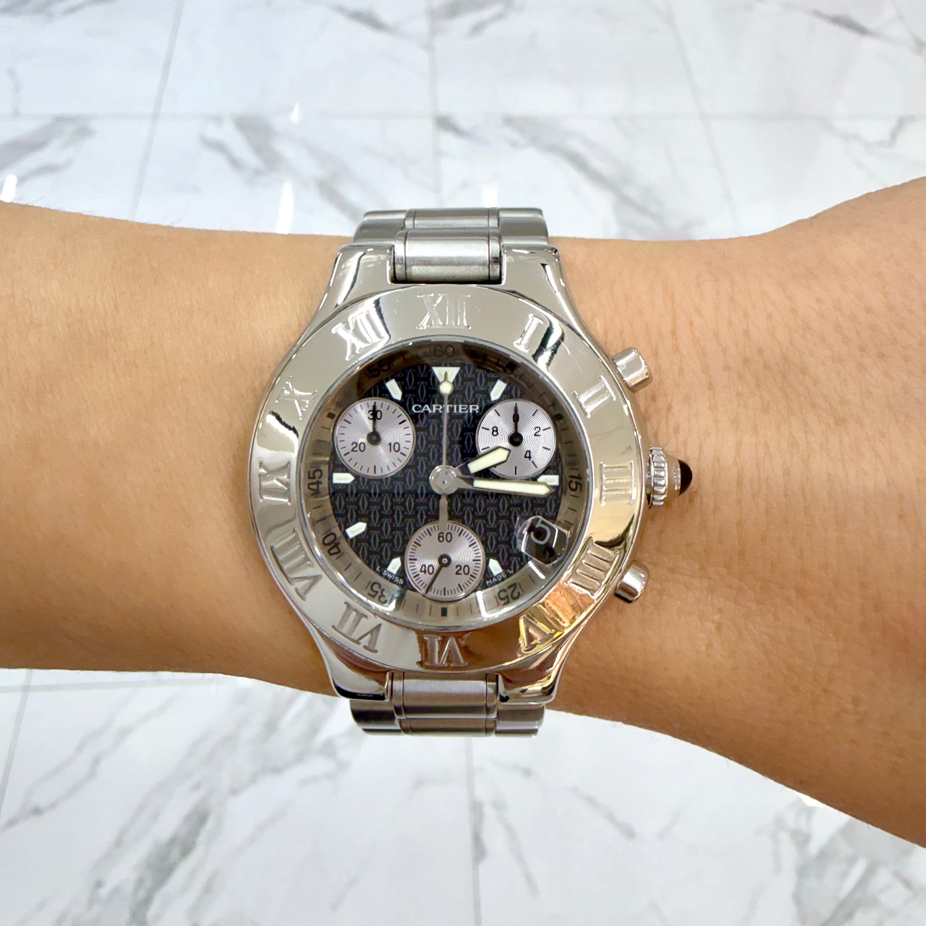 Cartier 21 Chronoscaph 38MM 2424 Black Silver Sub Roman Bezel Steel Quartz Watch