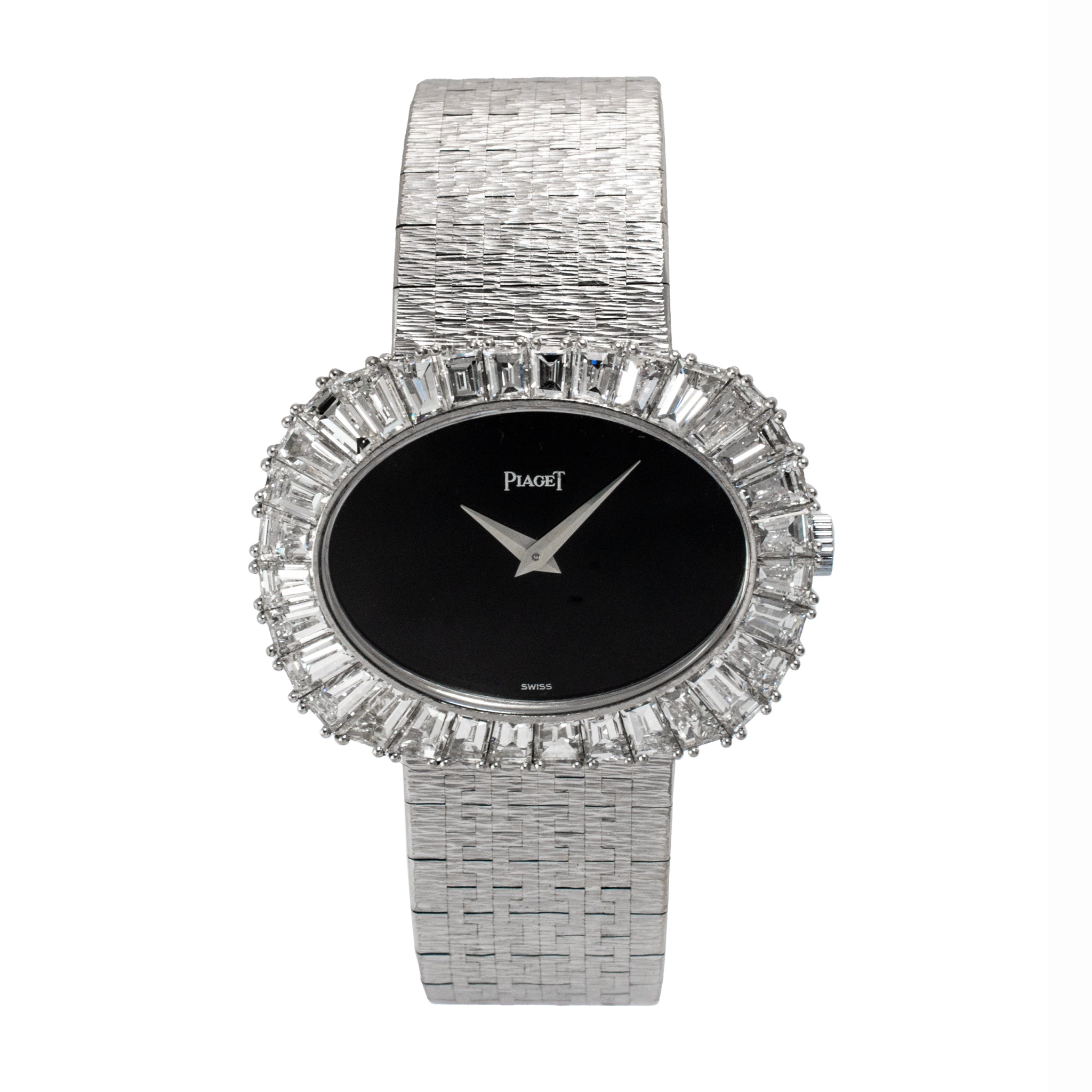 Vintage Piaget Horizonal Oval 34M 98323A6 White Gold Baguette Diamond Onyx Watch