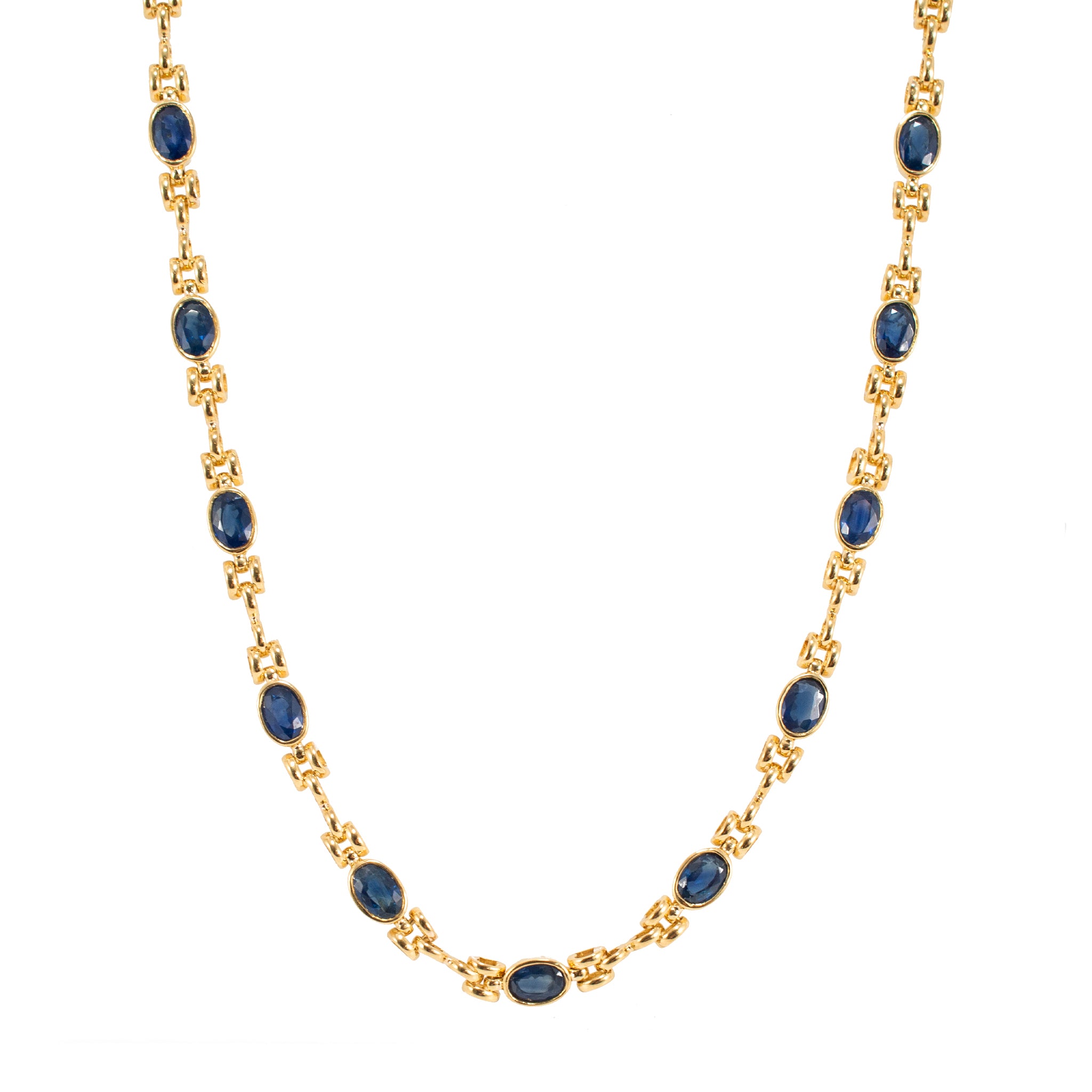 Vintage Ladies 18K Yellow Gold 10.12ct Blue Oval Sapphires Link Chain Necklace