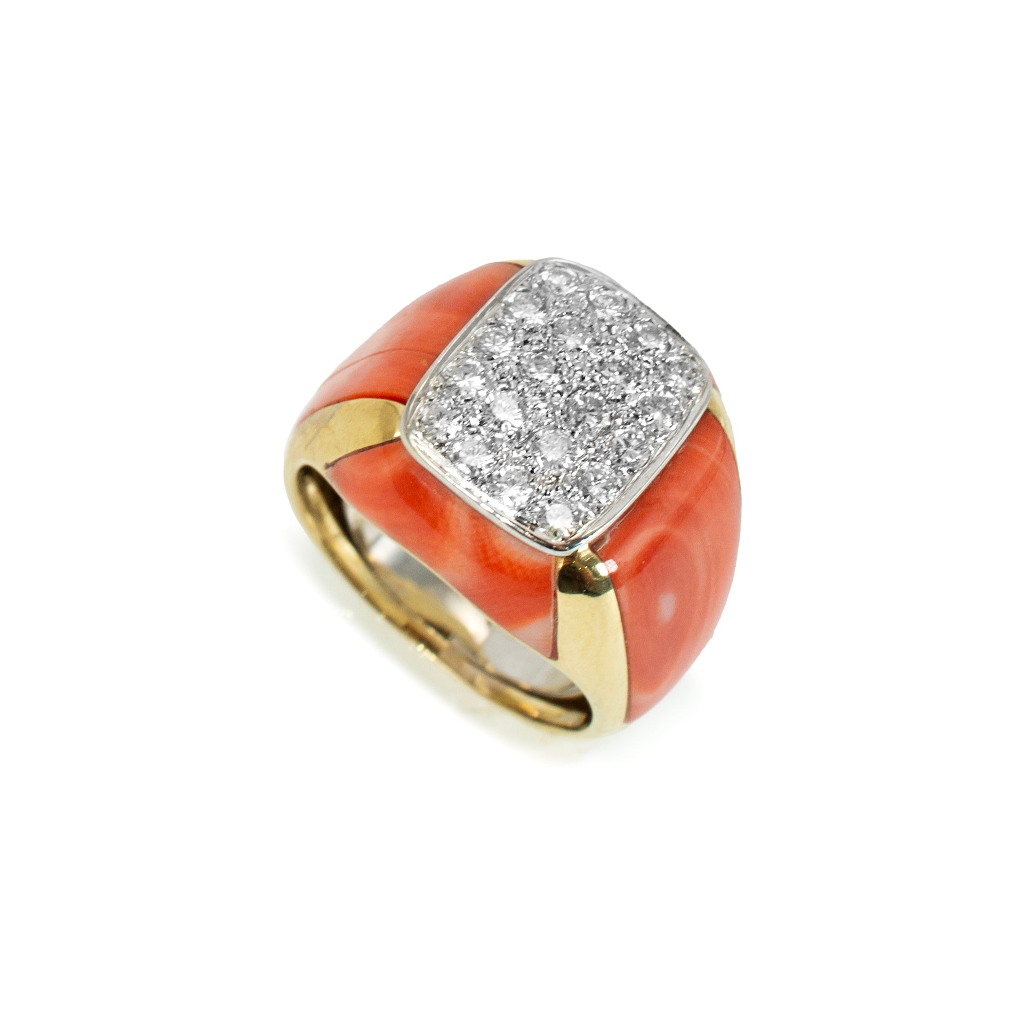Ladies Vintage 18K Yellow Gold Salmon Coral Pave Diamond Cocktail Ring