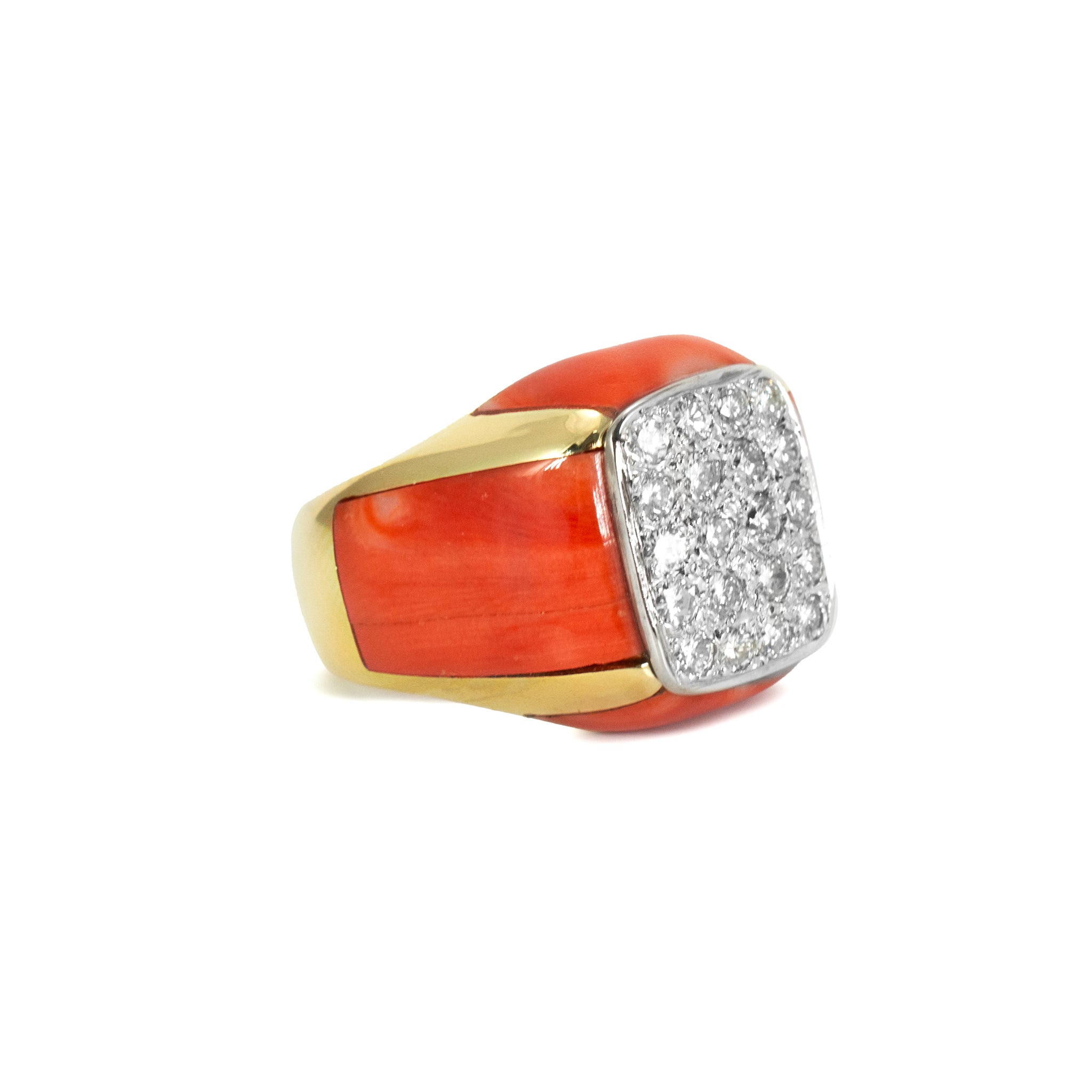 Ladies Vintage 18K Yellow Gold Salmon Coral Pave Diamond Cocktail Ring