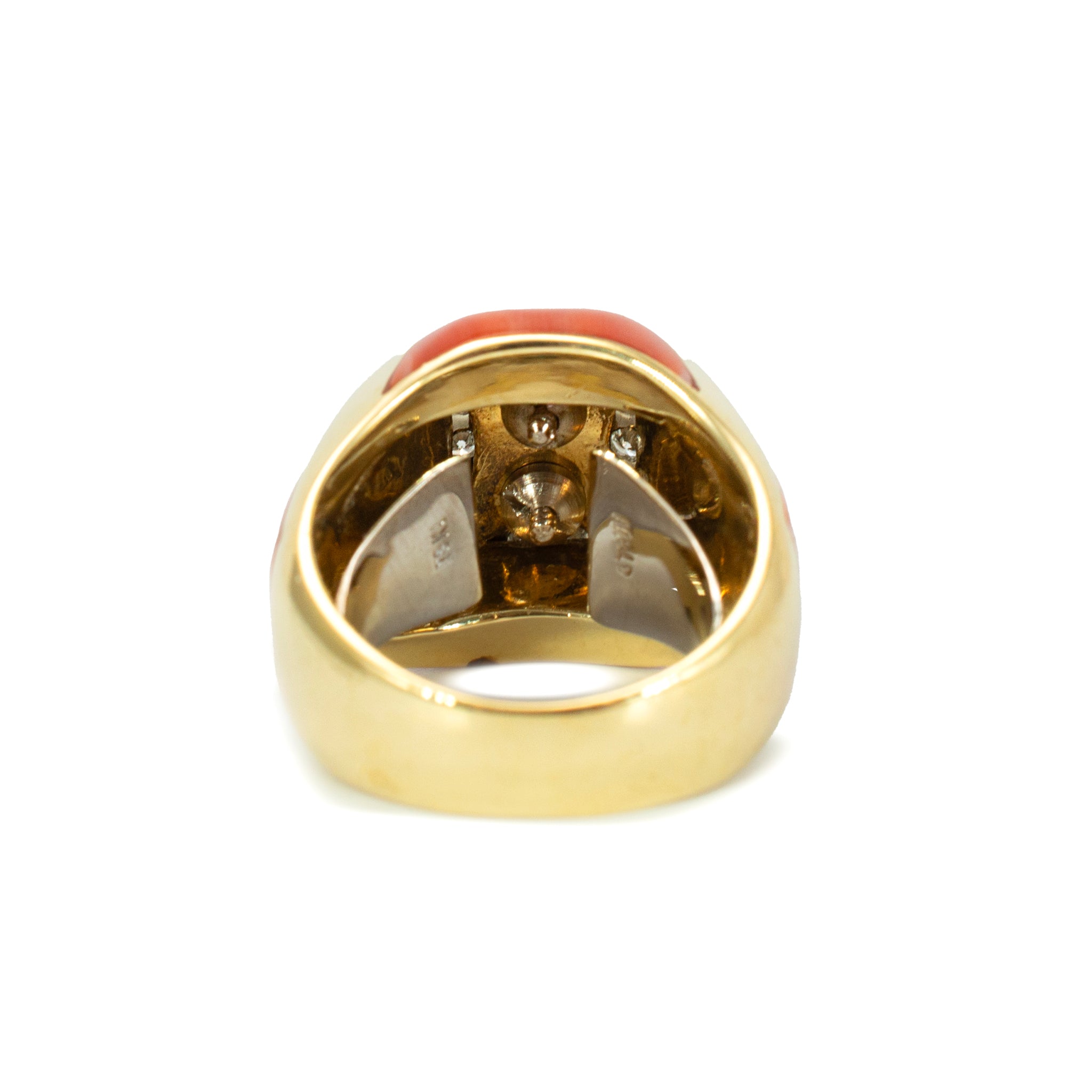 Ladies Vintage 18K Yellow Gold Salmon Coral Pave Diamond Cocktail Ring