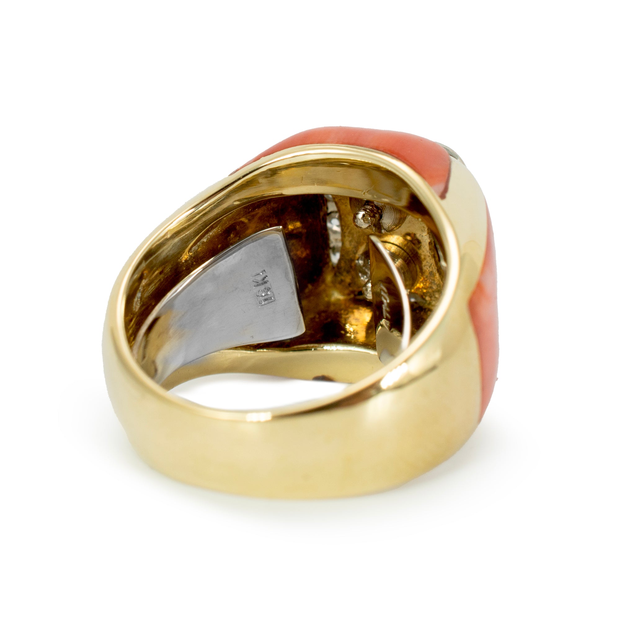Ladies Vintage 18K Yellow Gold Salmon Coral Pave Diamond Cocktail Ring