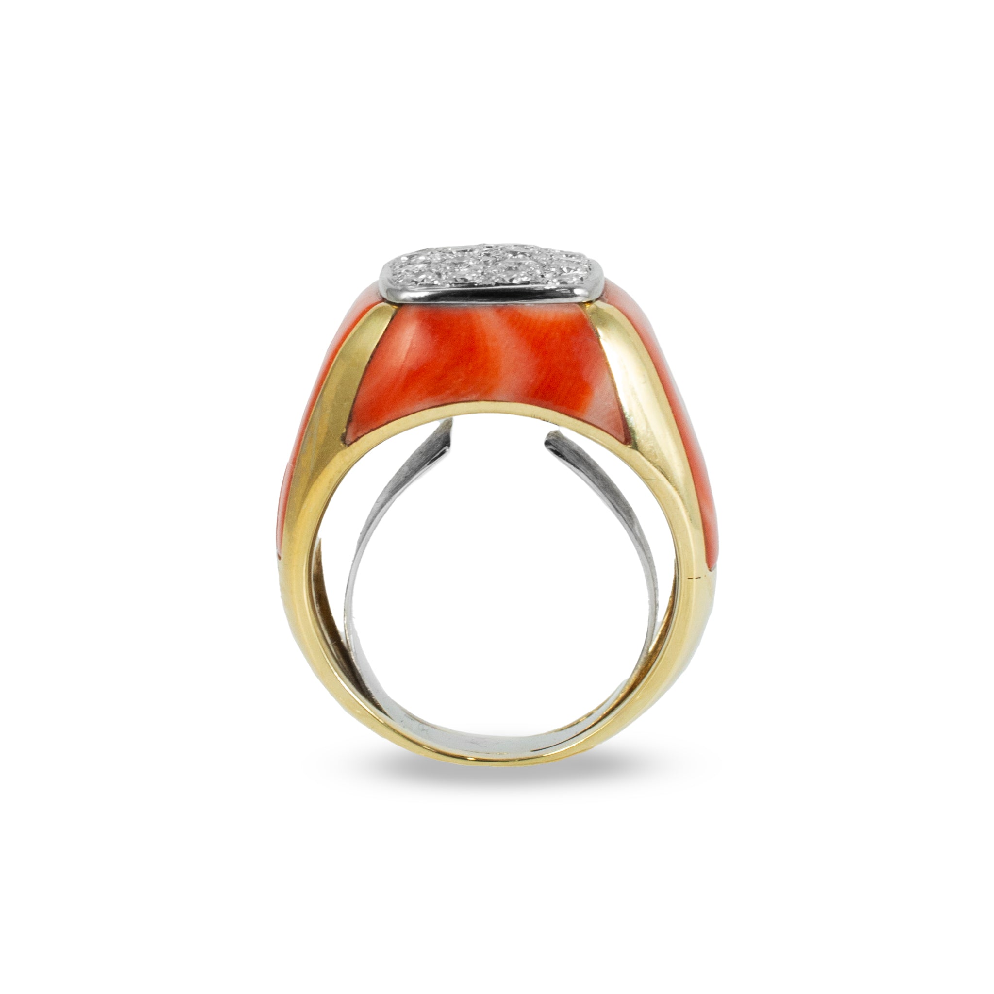 Ladies Vintage 18K Yellow Gold Salmon Coral Pave Diamond Cocktail Ring