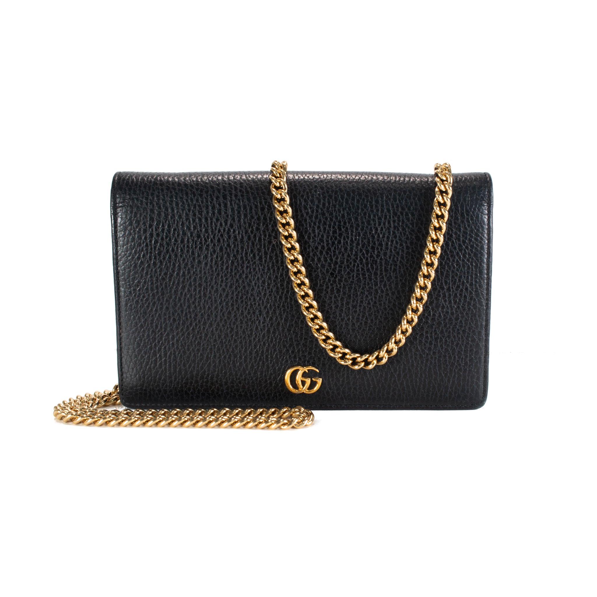 Gucci Gg Black Textured Leather Marmont Wallet on Chain Crossbody Bag